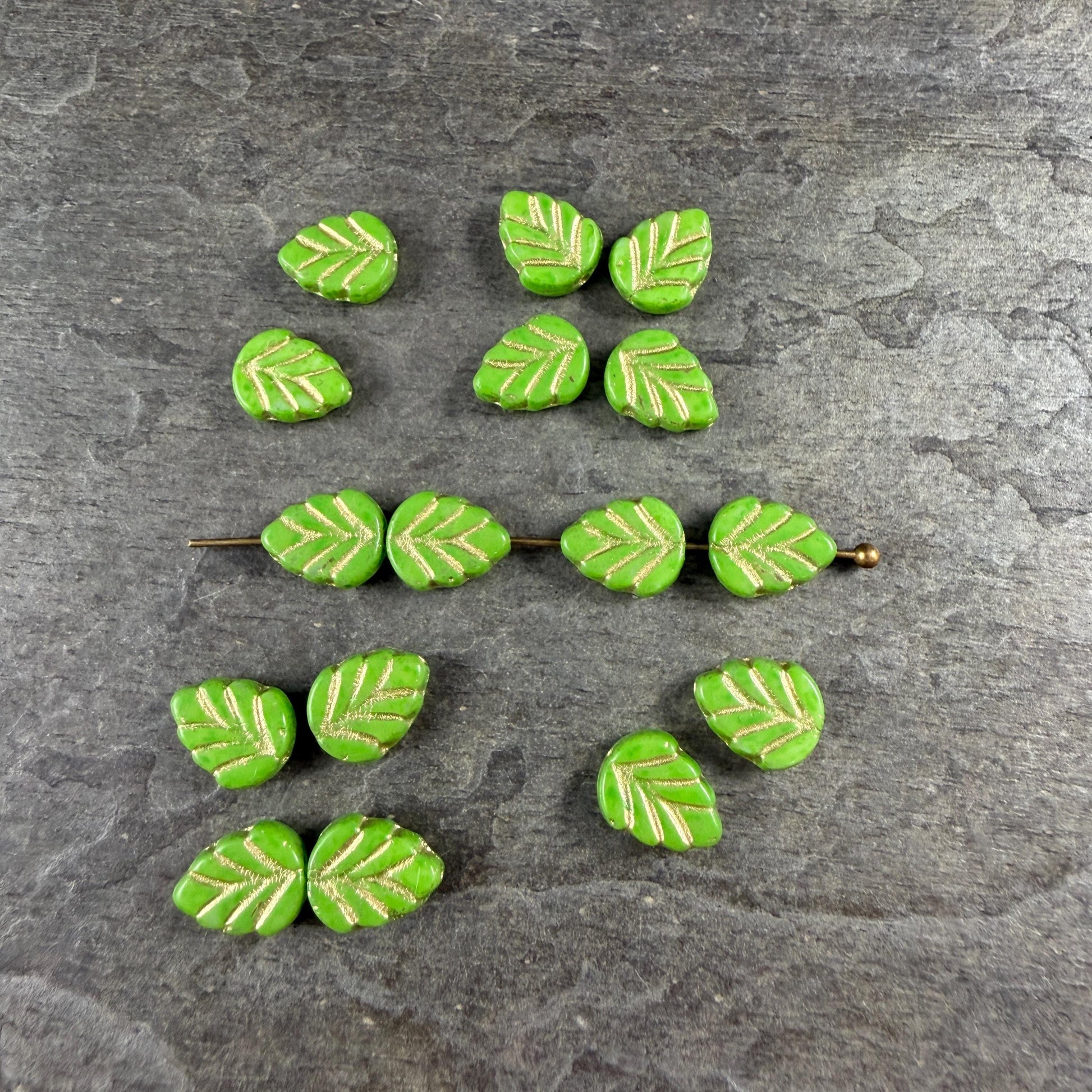 Czech Glass Beads, Lime Green 10x8mm Mint Leaf with Gold Wash (33311/54202) * Qty. 16