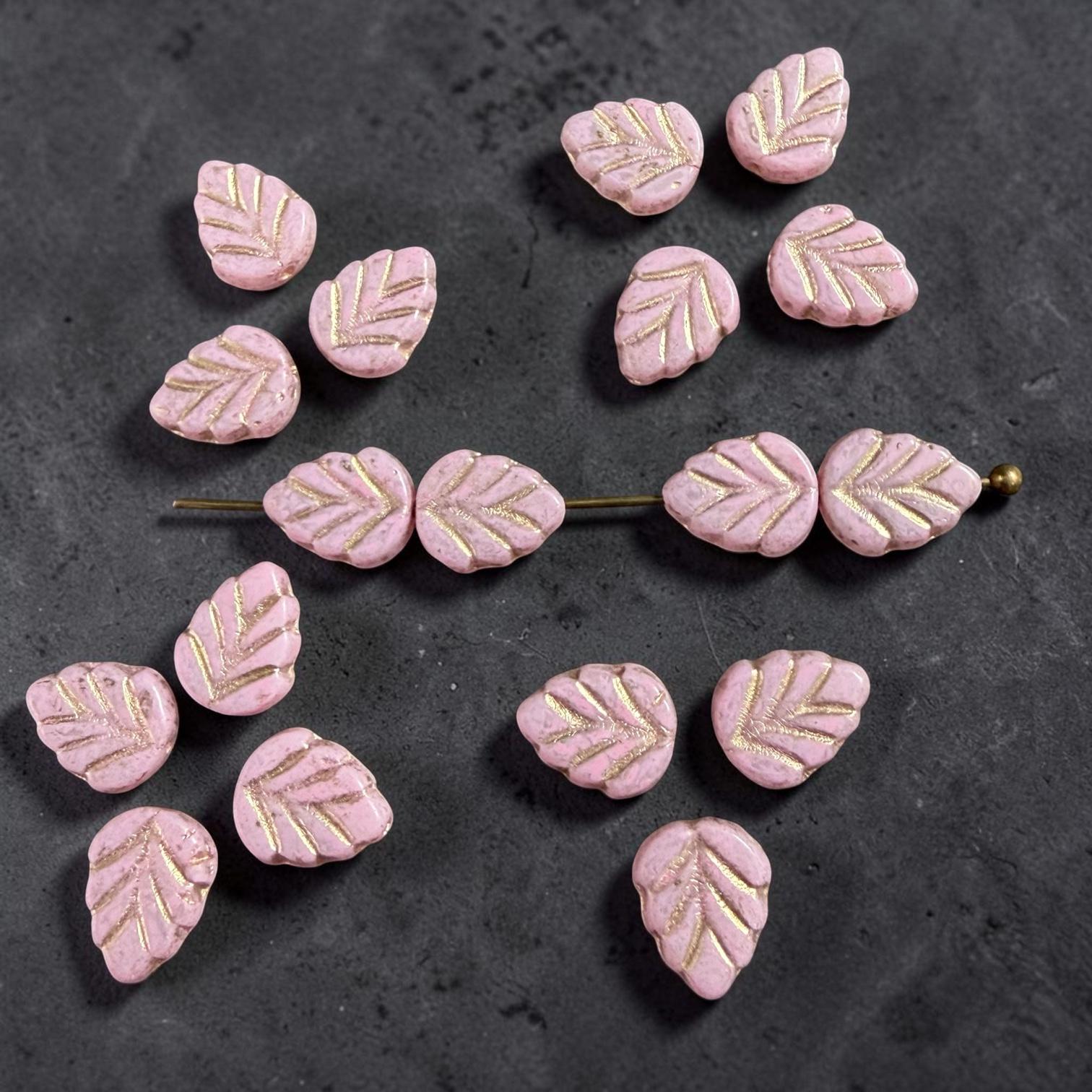 Czech Glass Beads, Pastel Pink 10x8mm Mint Leaf with Gold Wash (33304/54202) * Qty. 16