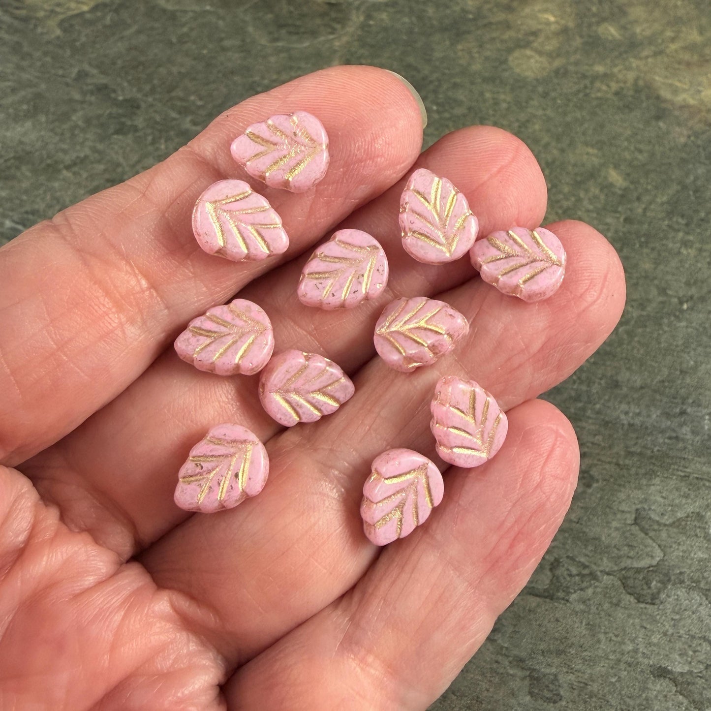 Czech Glass Beads, Pastel Pink 10x8mm Mint Leaf with Gold Wash (33304/54202) * Qty. 16