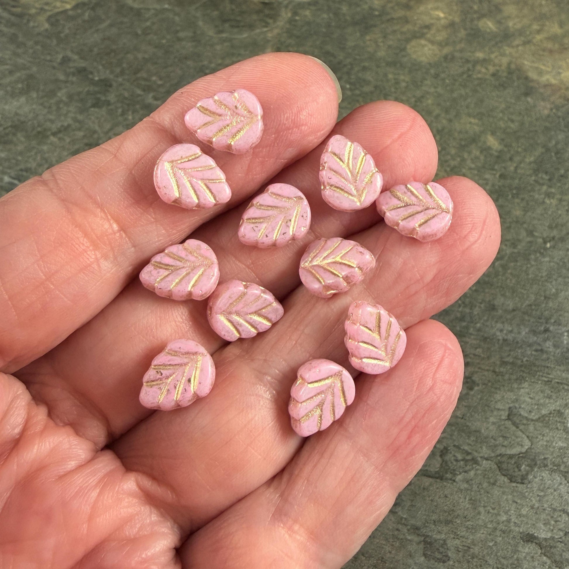 Czech Glass Beads, Pastel Pink 10x8mm Mint Leaf with Gold Wash (33304/54202) * Qty. 16