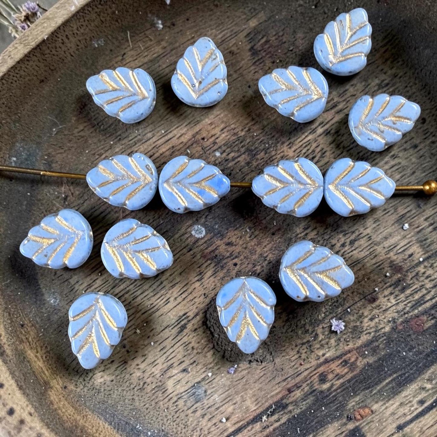 Czech Glass Beads, Light Blue 10x8mm Mint Leaf with Gold Wash (33308/54202) * Qty. 16