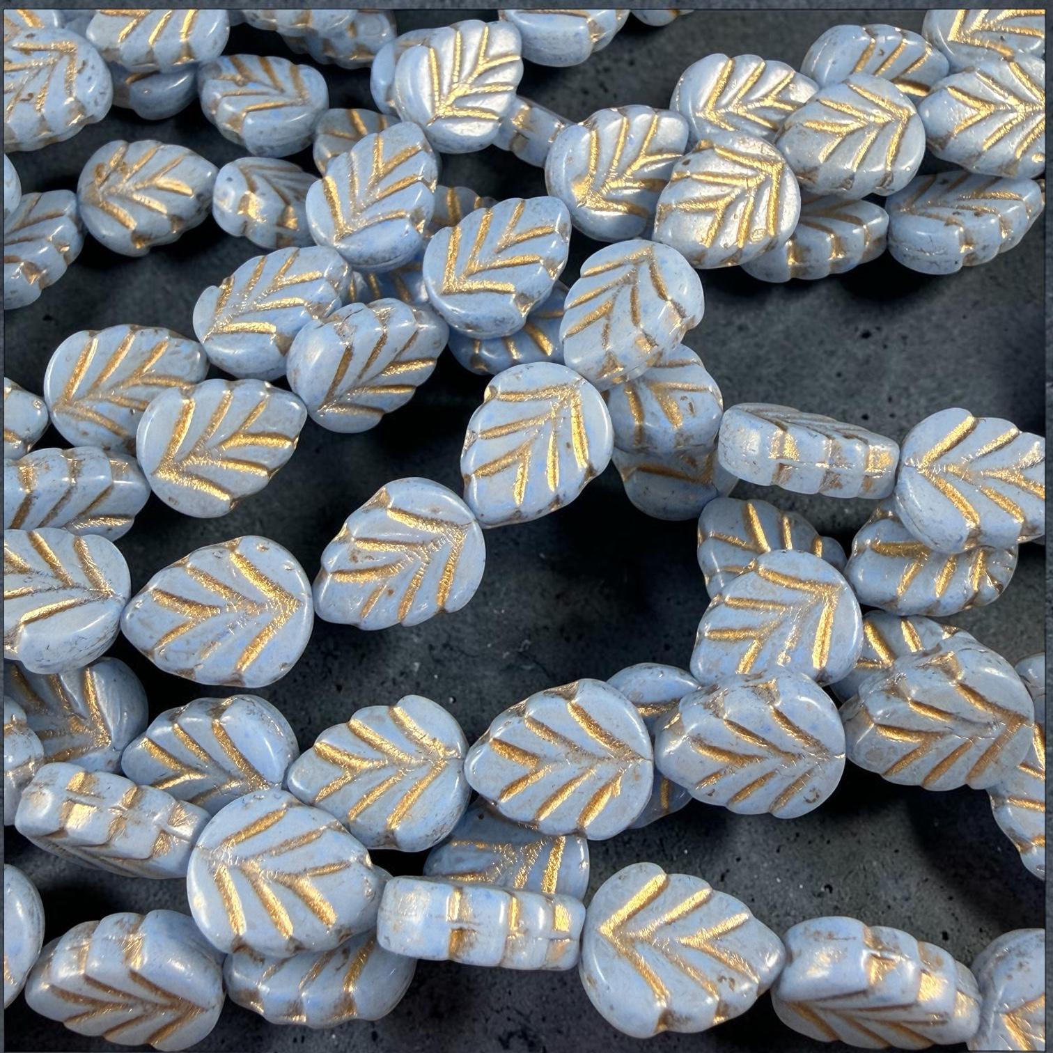 Czech Glass Beads, Light Blue 10x8mm Mint Leaf with Gold Wash (33308/54202) * Qty. 16