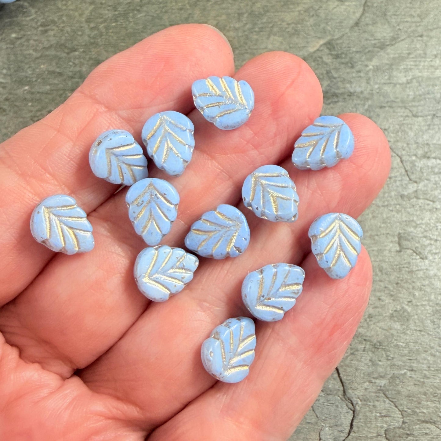 Czech Glass Beads, Light Blue 10x8mm Mint Leaf with Gold Wash (33308/54202) * Qty. 16