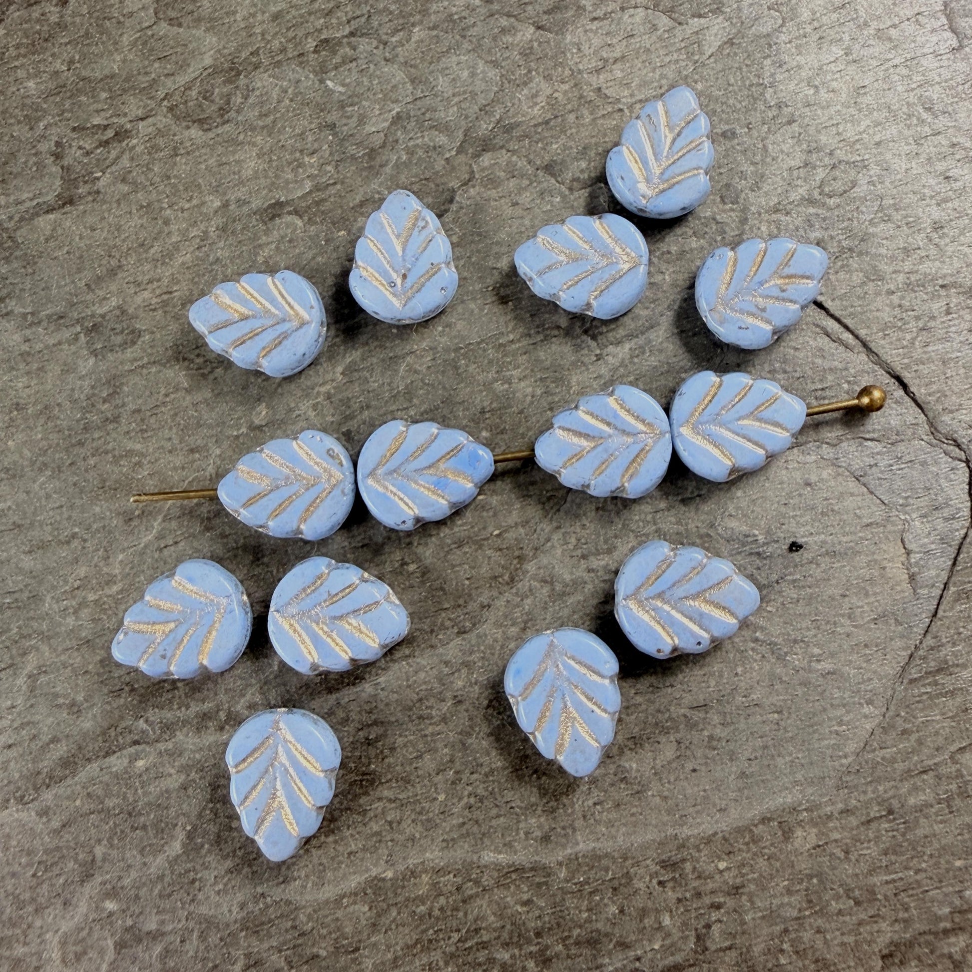 Czech Glass Beads, Light Blue 10x8mm Mint Leaf with Gold Wash (33308/54202) * Qty. 16
