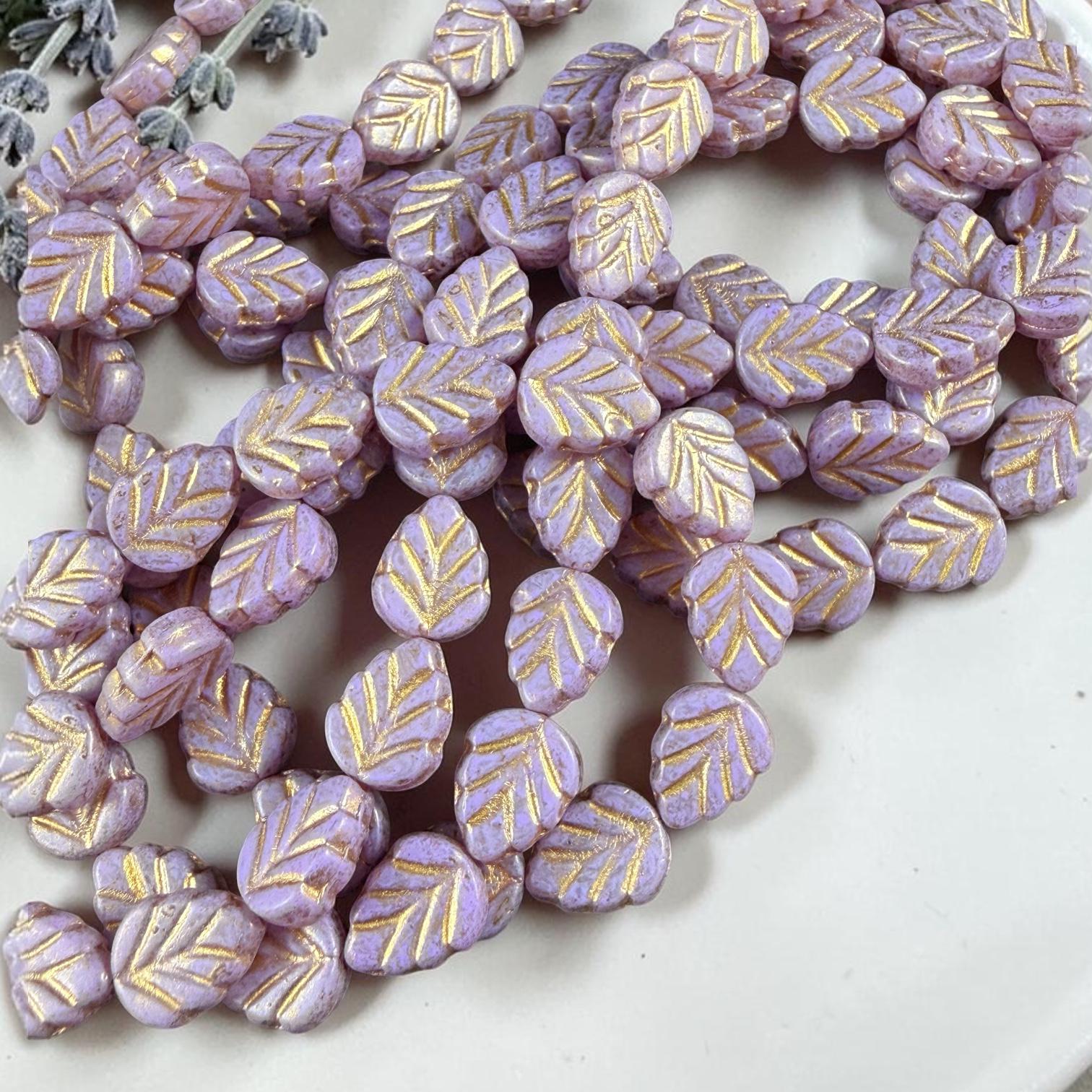 Czech Glass Beads, Pastel Purple 10x8mm Mint Leaf with Gold Wash (33305/54202) * Qty. 16