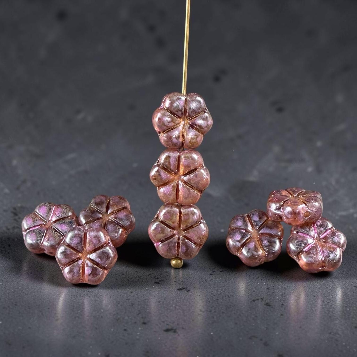 Czech Glass Beads - 10mm Flower Coin, Topaz Picasso with Purple Wash (PFMN-8v2) * 15 Beads
