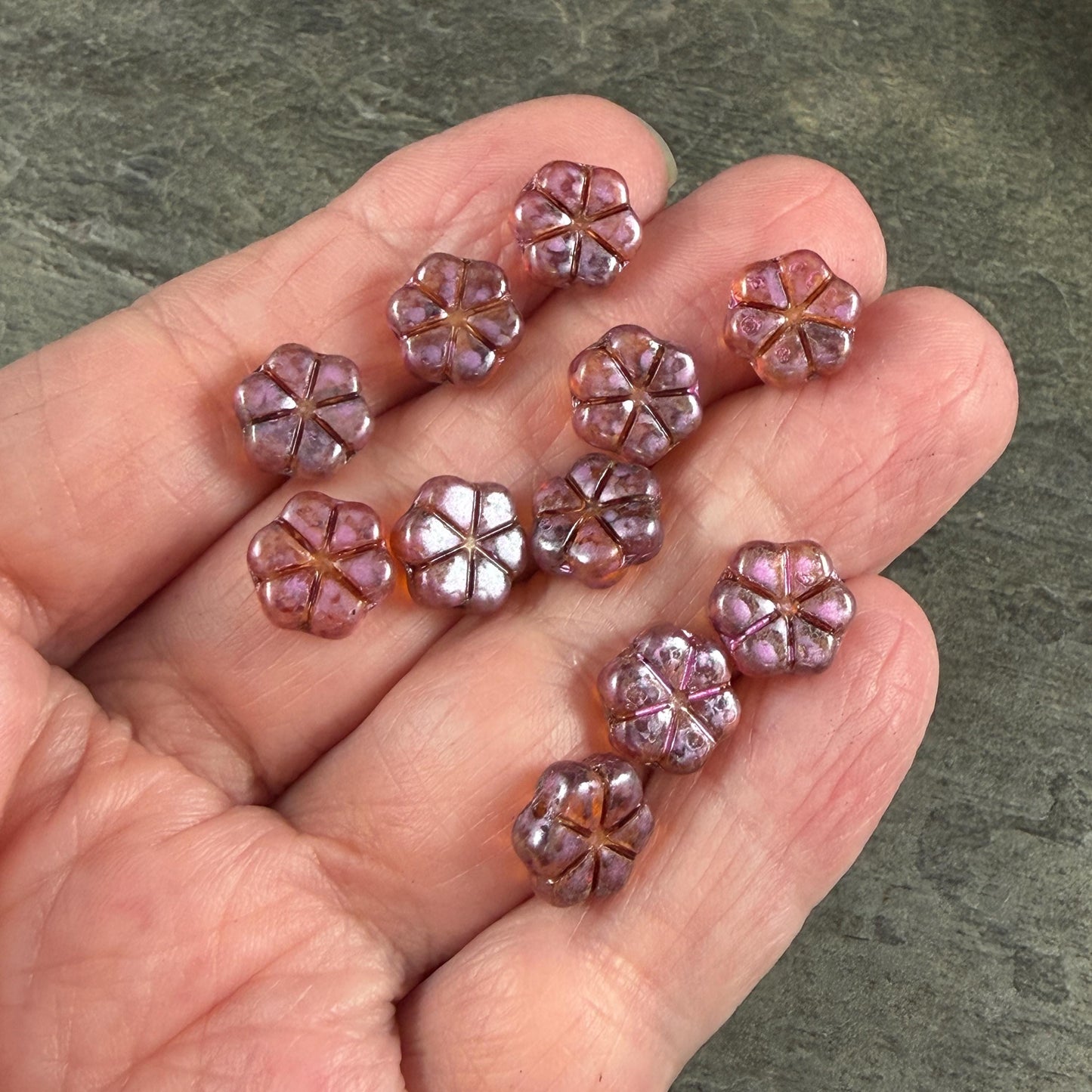 Czech Glass Beads - 10mm Flower Coin, Topaz Picasso with Purple Wash (PFMN-8v2) * 15 Beads