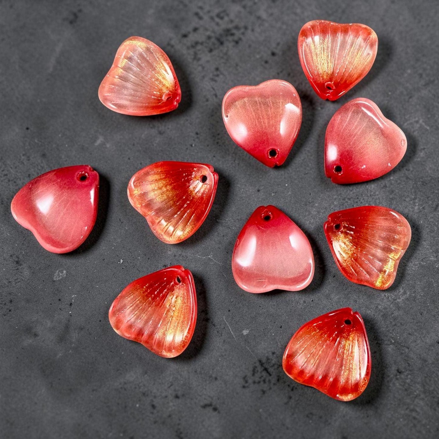 Glass Flower Petals, 16mm Petal Shaped Beads, Red Orange, Scarlet * 12 Beads