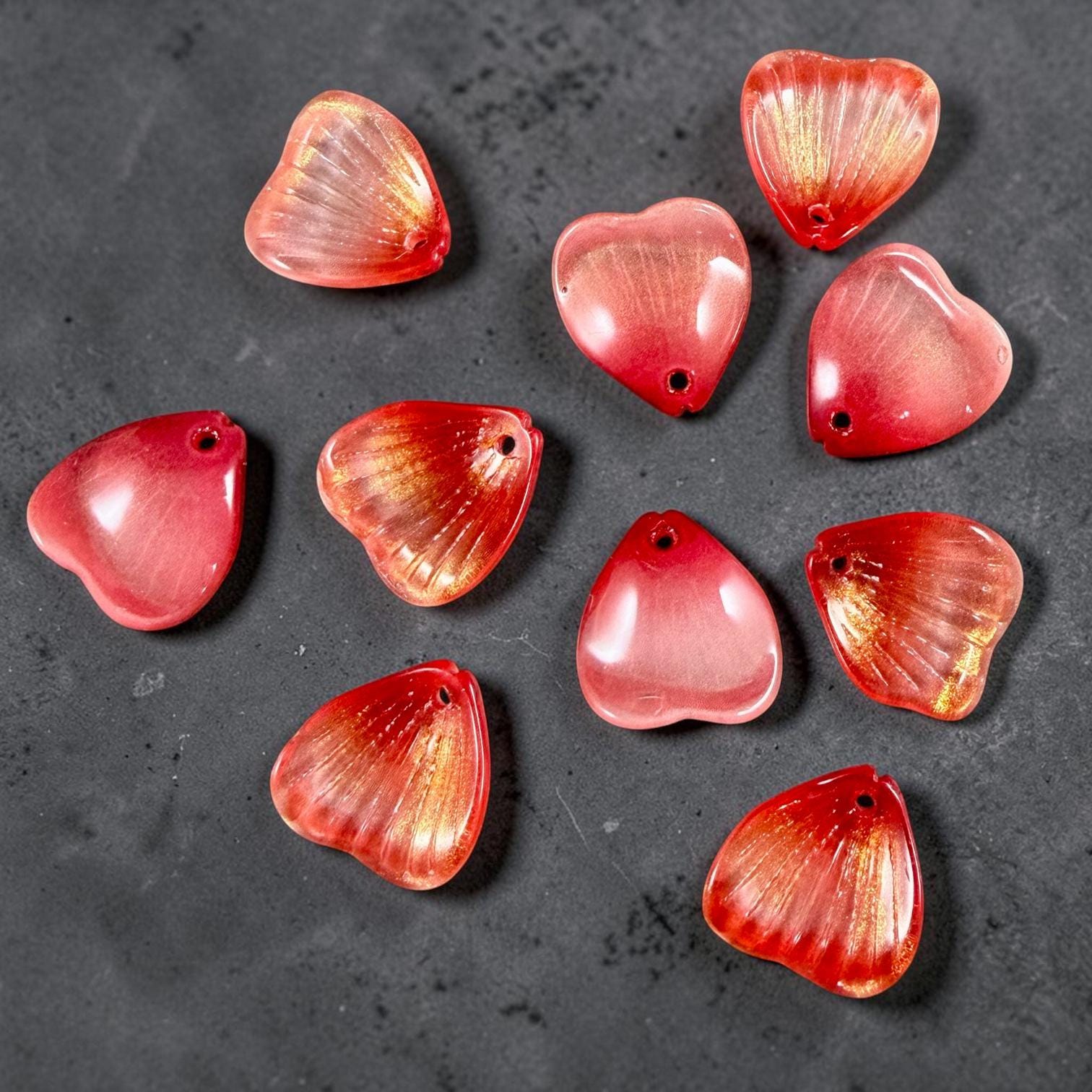 Glass Flower Petals, 16mm Petal Shaped Beads, Red Orange, Scarlet * 12 Beads