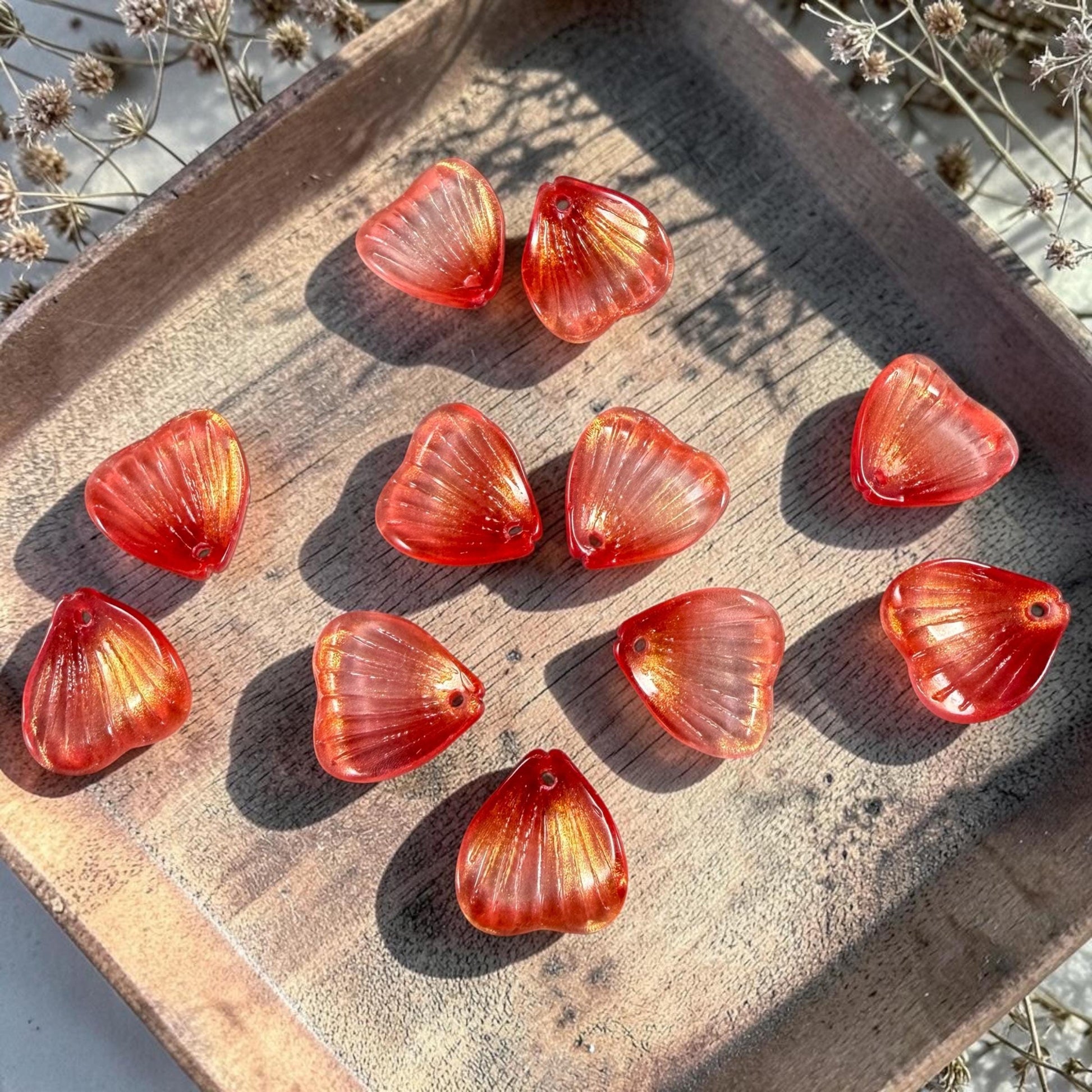 Glass Flower Petals, 16mm Petal Shaped Beads, Red Orange, Scarlet * 12 Beads