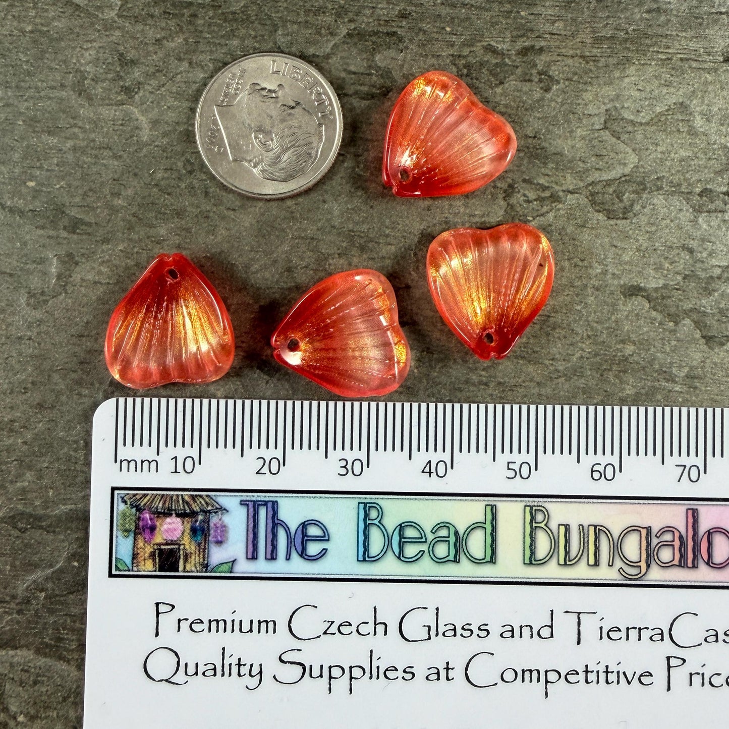 Glass Flower Petals, 16mm Petal Shaped Beads, Red Orange, Scarlet * 12 Beads