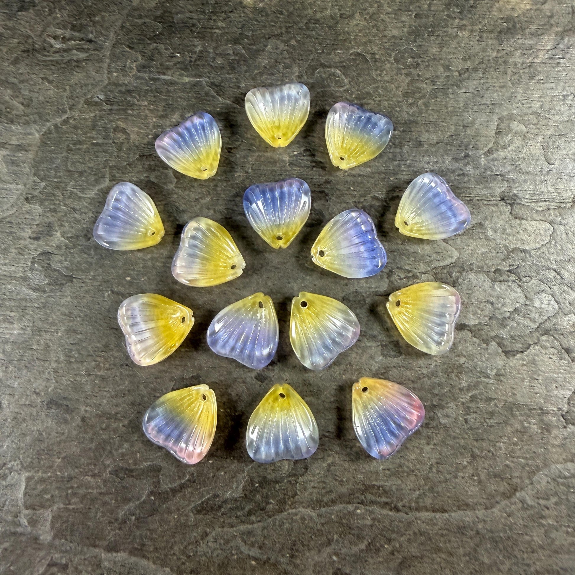 Glass Flower Petals, 16mm Petal Shaped Beads, Purple & Yellow * 12 Beads