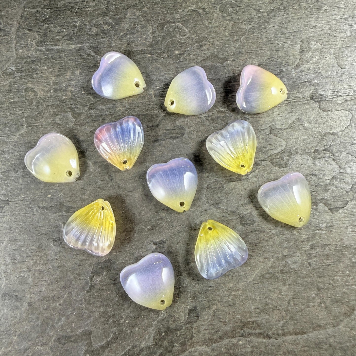 Glass Flower Petals, 16mm Petal Shaped Beads, Purple & Yellow * 12 Beads