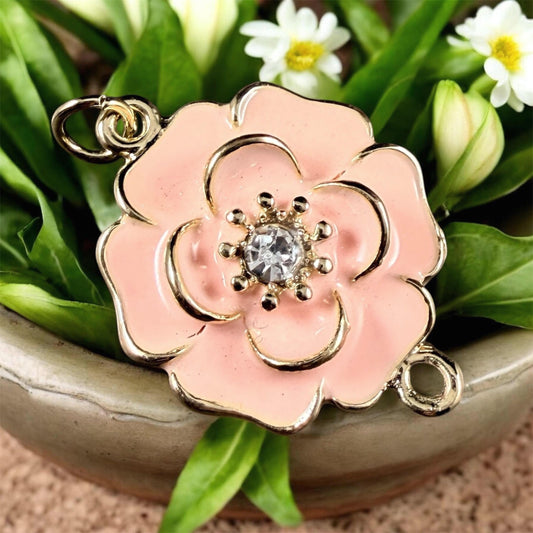 Enamel Floral Connector Links ~ Pale Peachy Pink and Gold 25x34mm Connector with Rhinestone Center * Qty. 2