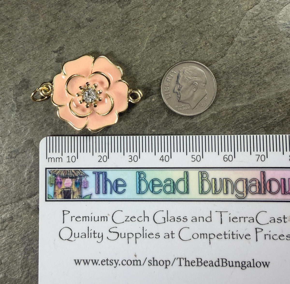 Enamel Floral Connector Links ~ Pale Peachy Pink and Gold 25x34mm Connector with Rhinestone Center * Qty. 2