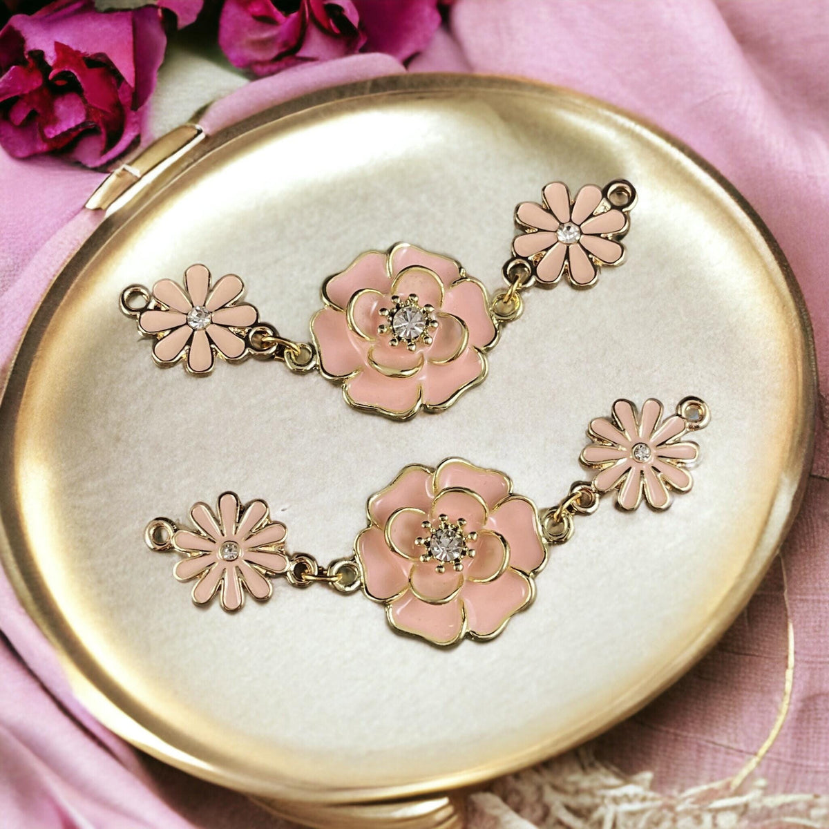 Enamel Floral Connector Links ~ Pale Peachy Pink and Gold 25x34mm Connector with Rhinestone Center * Qty. 2