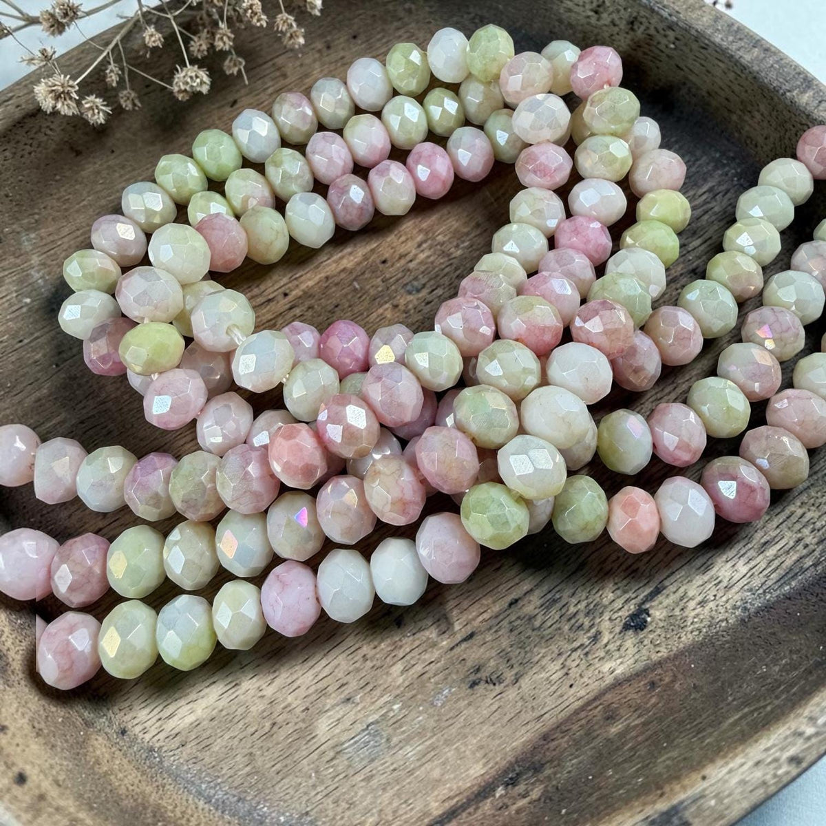 Pink, Green and White Variegated Glass Rondelles, 8x6mm Faceted Pale Green, Light Pink and White Glass Beads * Qty. 25