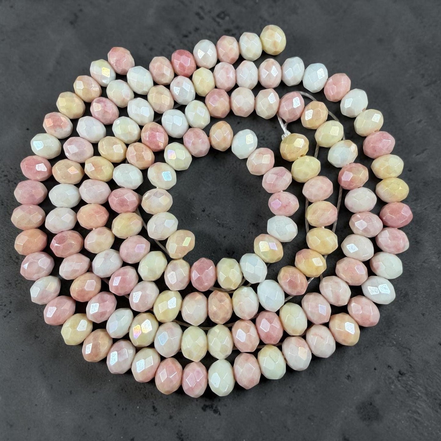 Pink, Yellow and White Variegated Glass Rondelles, 8x6mm Faceted Beads * Qty. 60