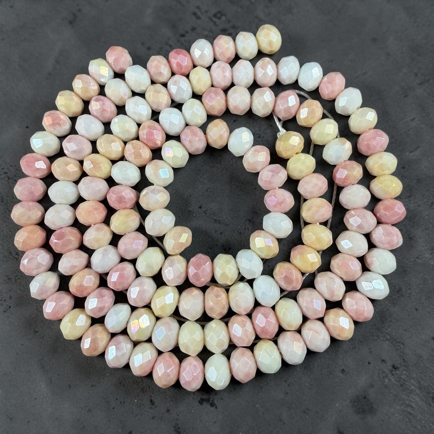 Pink, Yellow and White Variegated Glass Rondelles, 8x6mm Faceted Beads * Qty. 60