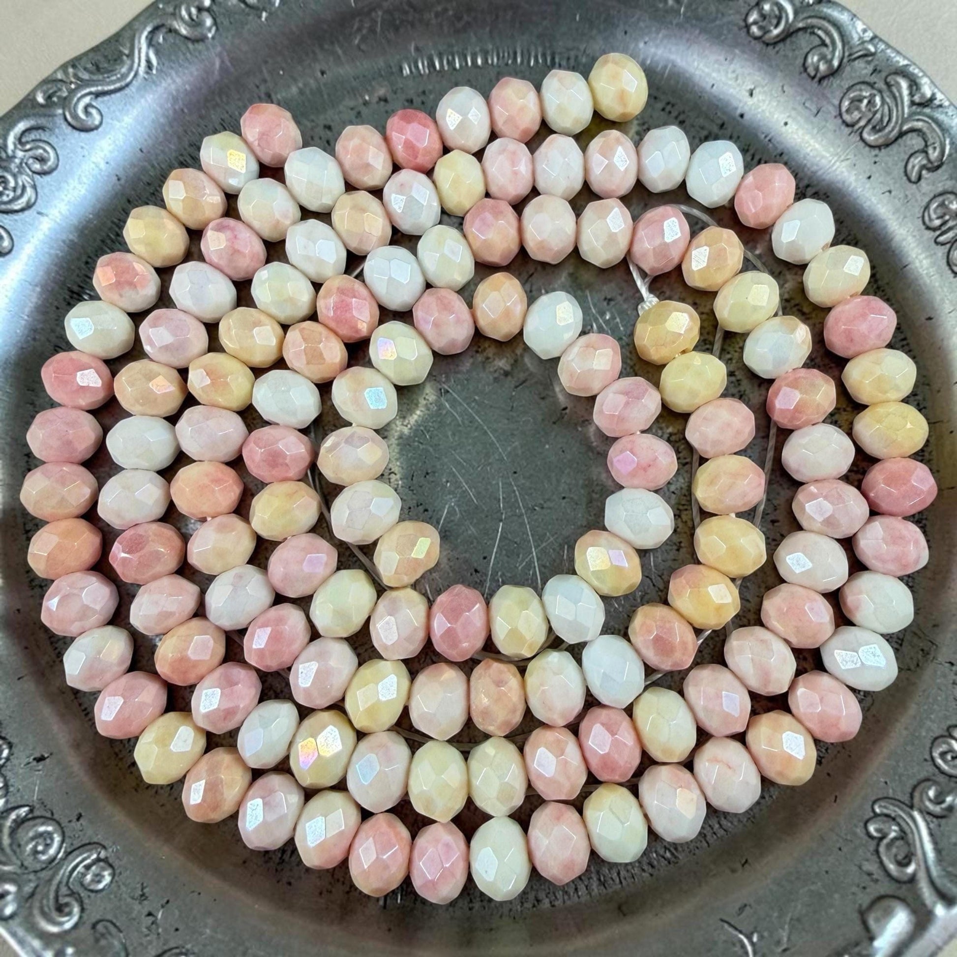 Pink, Yellow and White Variegated Glass Rondelles, 8x6mm Faceted Beads * Qty. 60