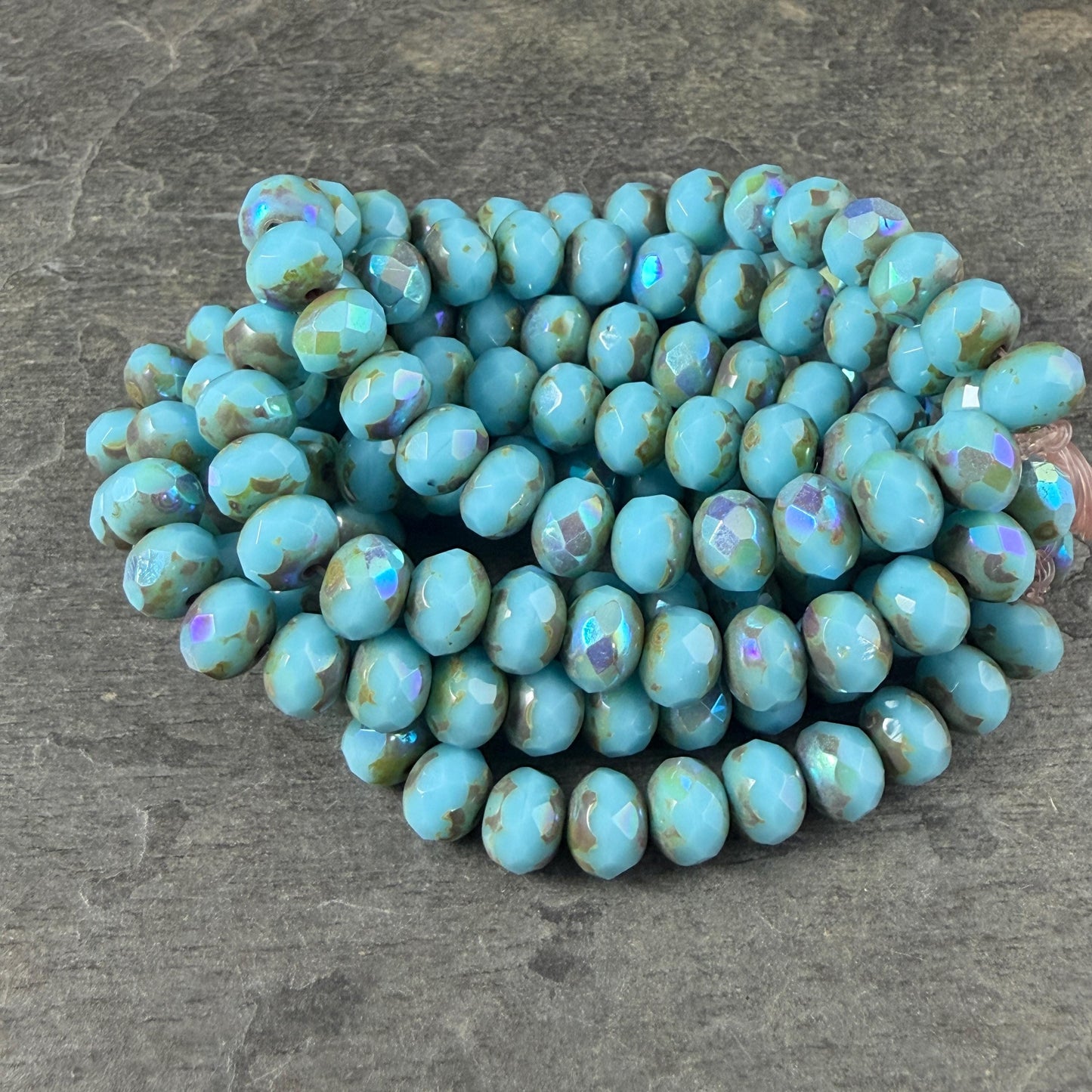 Czech Glass Beads - 7x5mm Faceted Rondelles, Sky Blue Picasso with AB Finish (R7/N-0378) * Qty. 25