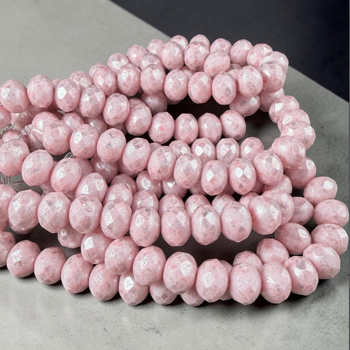 Czech Glass Beads - 7x5mm Faceted Rondelles, Pale Pink with Silver Picasso Finish (R7/N-2313) * Qty. 25