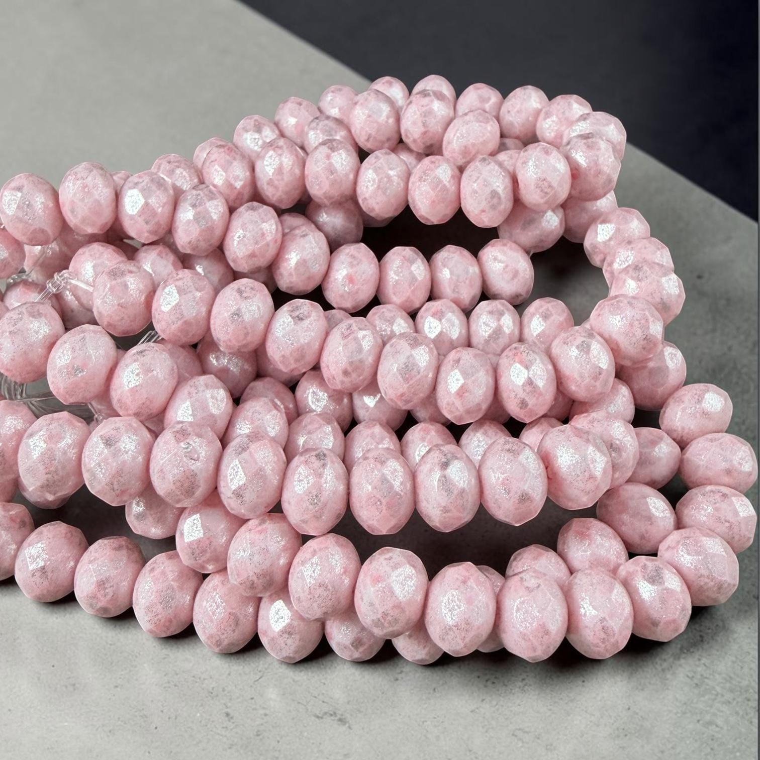 Czech Glass Beads - 7x5mm Faceted Rondelles, Pale Pink with Silver Picasso Finish (R7/N-2313) * Qty. 25