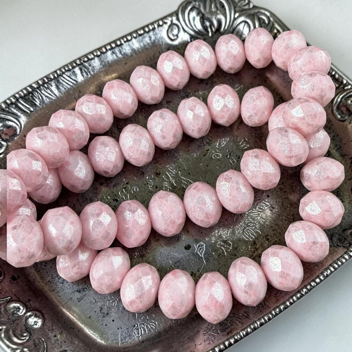 Czech Glass Beads - 7x5mm Faceted Rondelles, Pale Pink with Silver Picasso Finish (R7/N-2313) * Qty. 25