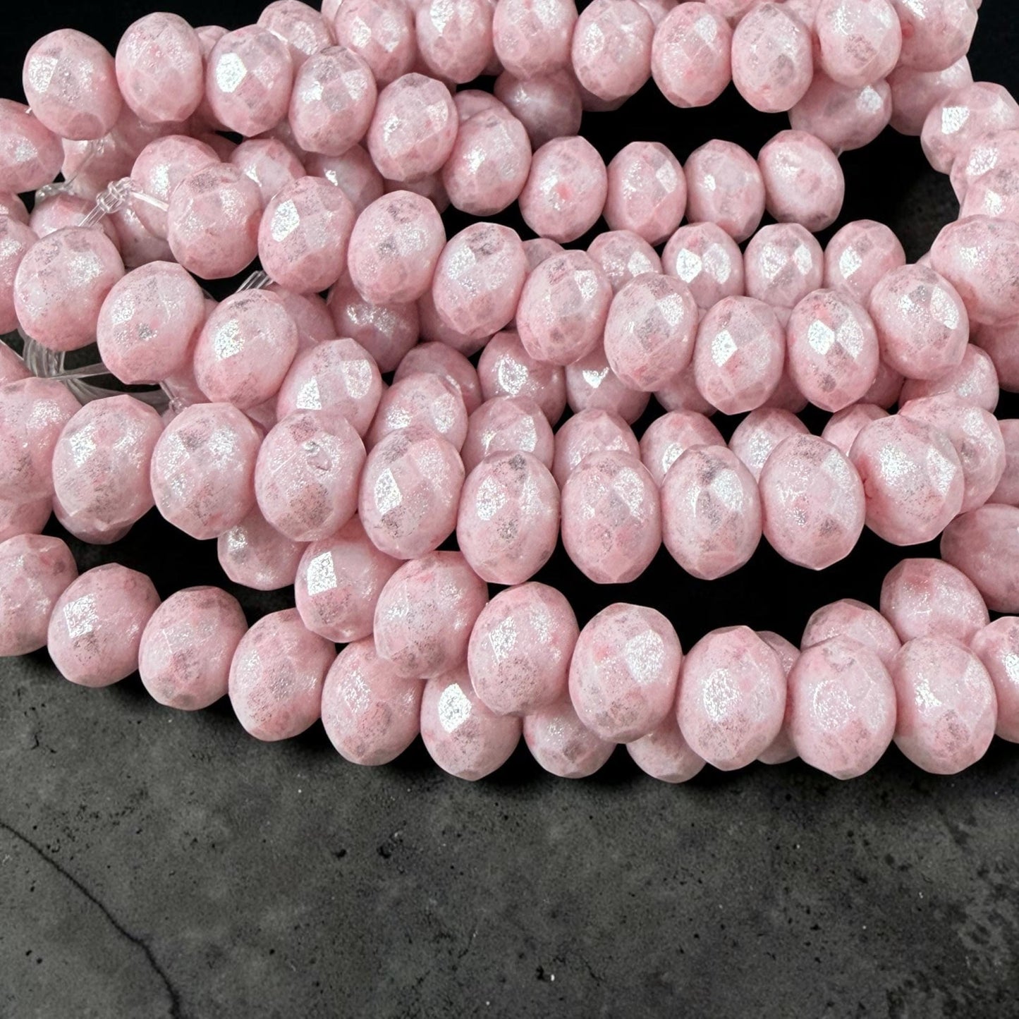 Czech Glass Beads - 7x5mm Faceted Rondelles, Pale Pink with Silver Picasso Finish (R7/N-2313) * Qty. 25