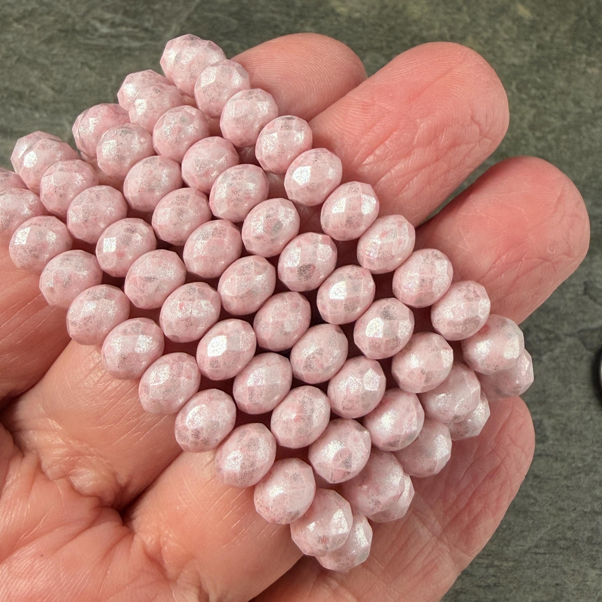 Czech Glass Beads - 7x5mm Faceted Rondelles, Pale Pink with Silver Picasso Finish (R7/N-2313) * Qty. 25