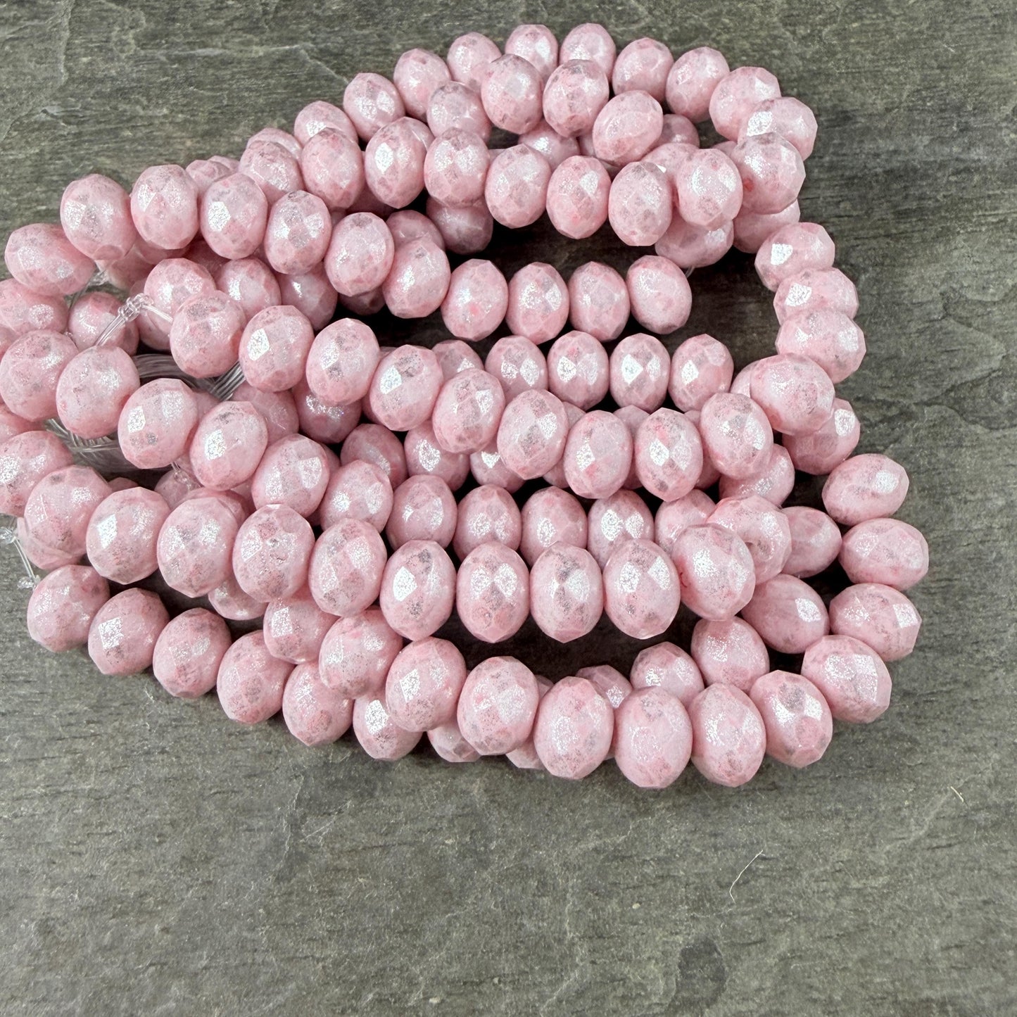 Czech Glass Beads - 7x5mm Faceted Rondelles, Pale Pink with Silver Picasso Finish (R7/N-2313) * Qty. 25
