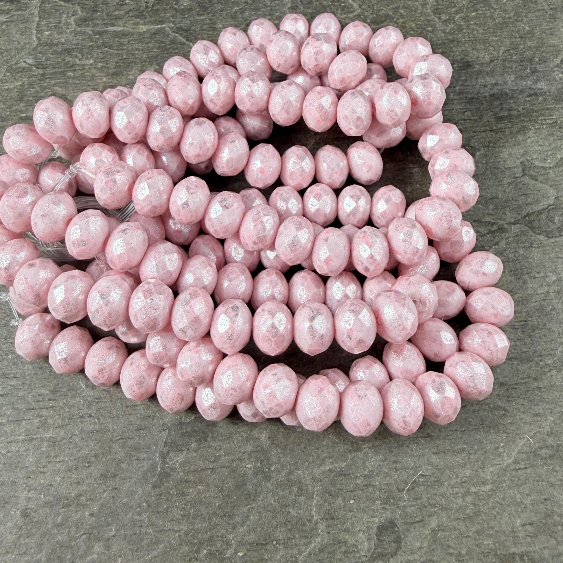 Czech Glass Beads - 7x5mm Faceted Rondelles, Pale Pink with Silver Picasso Finish (R7/N-2313) * Qty. 25