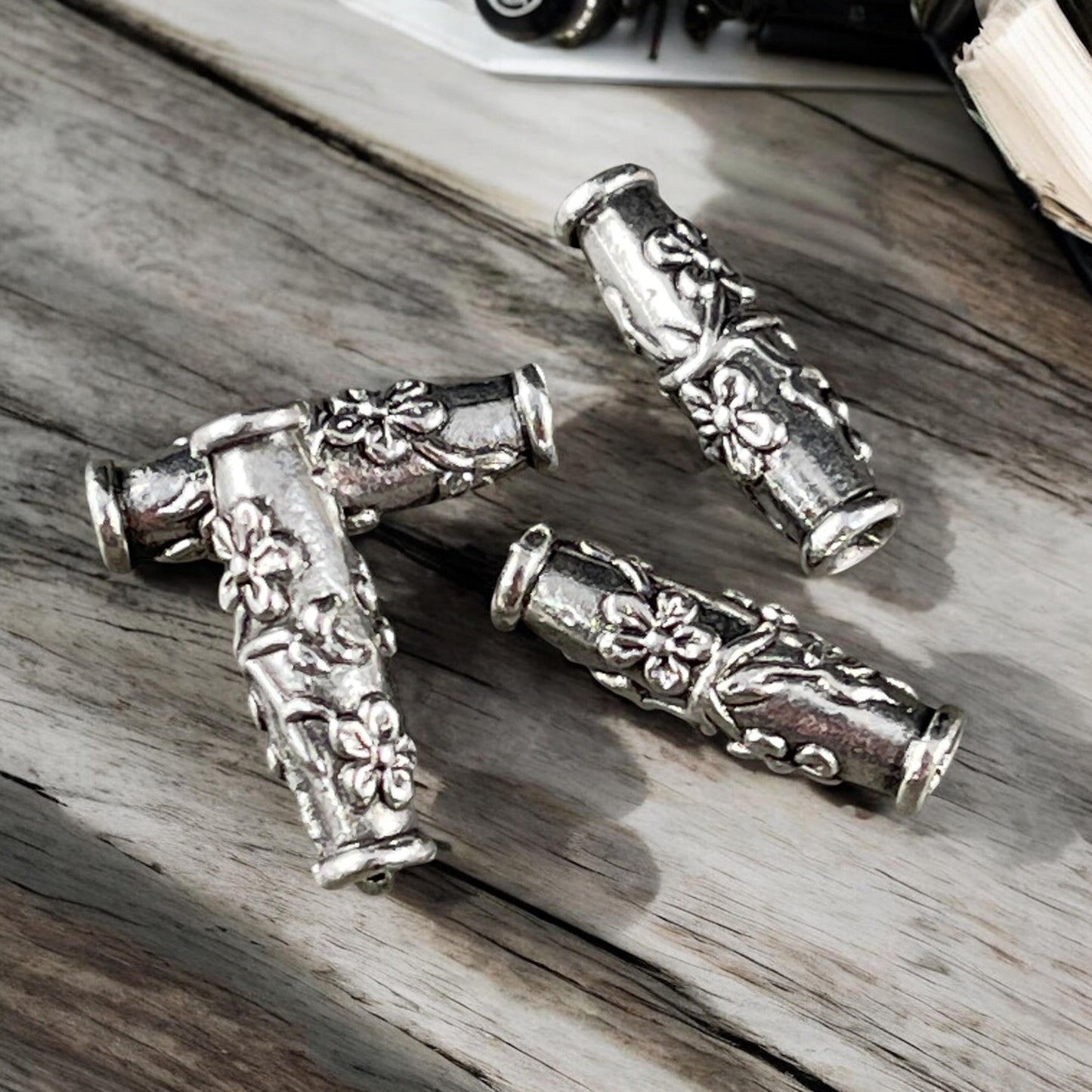 TierraCast Wild Rose Tube Bead, Antiqued Silver Plated Pewter (PF/784-77) * Qty. 4