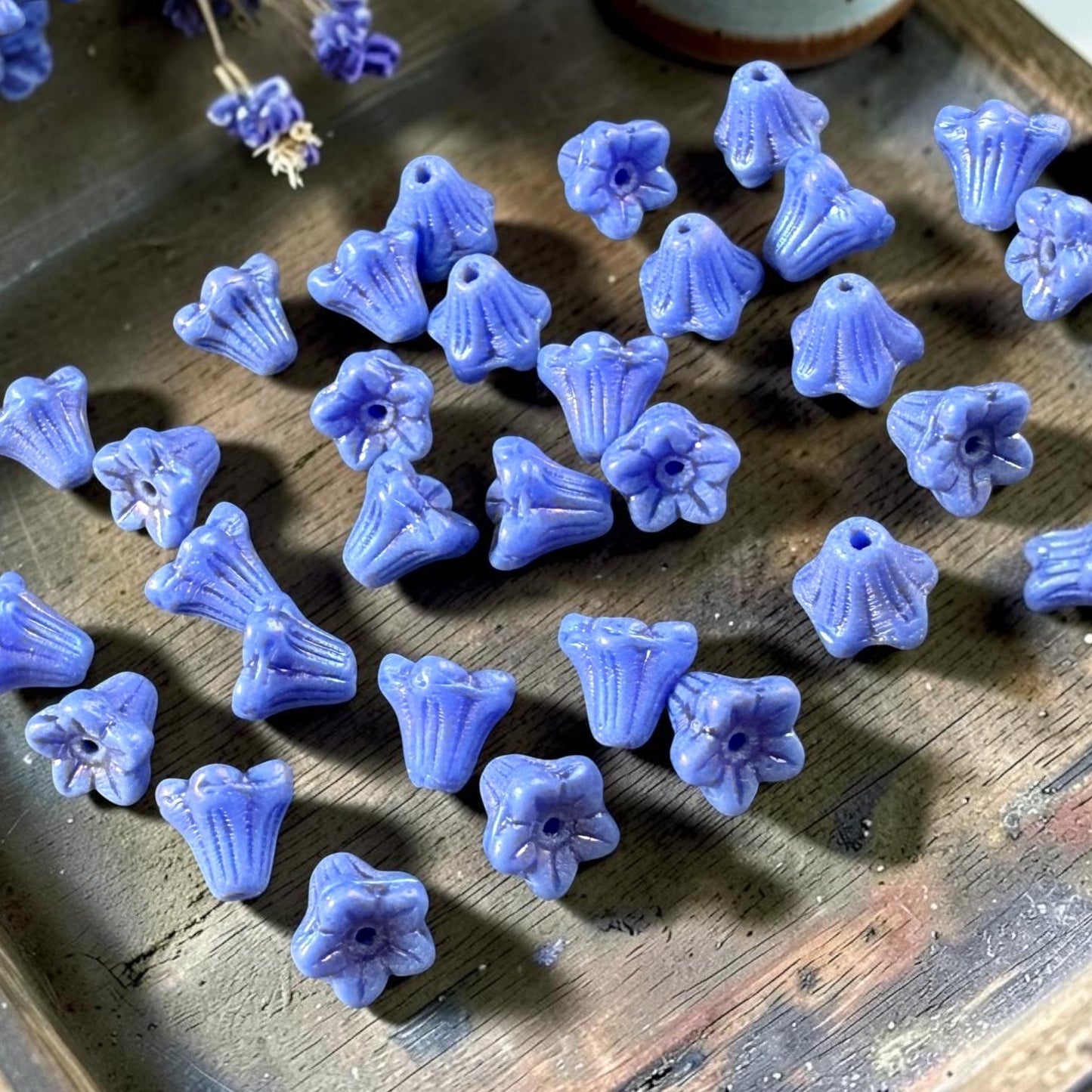 Czech Beads - 5x6mm Small Trumpet Bell Flower, Periwinkle Blue with AB (FLO/N-0499) * 30 Beads