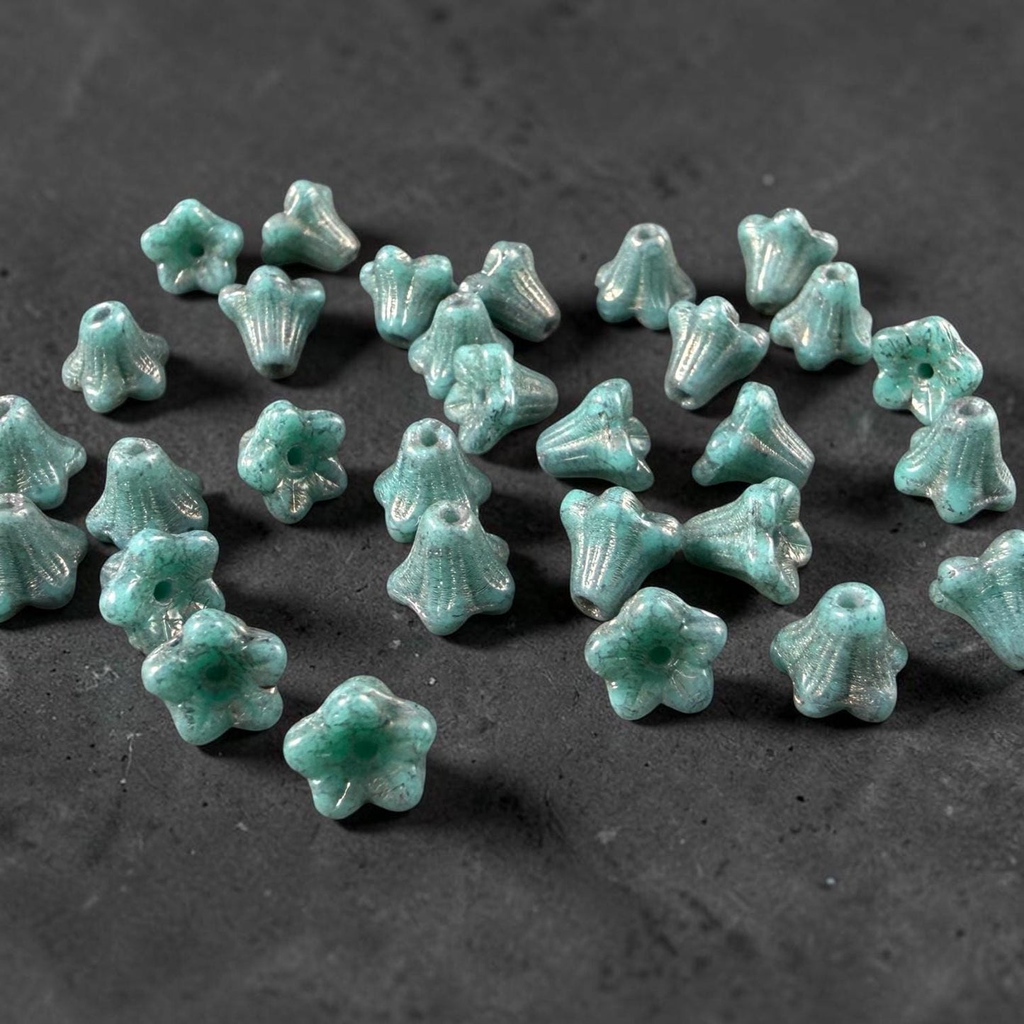 Czech Beads - 5x6mm Small Trumpet Bell Flower, Turquoise with Bronze Finish (FLO/N-2275) * 30 Beads