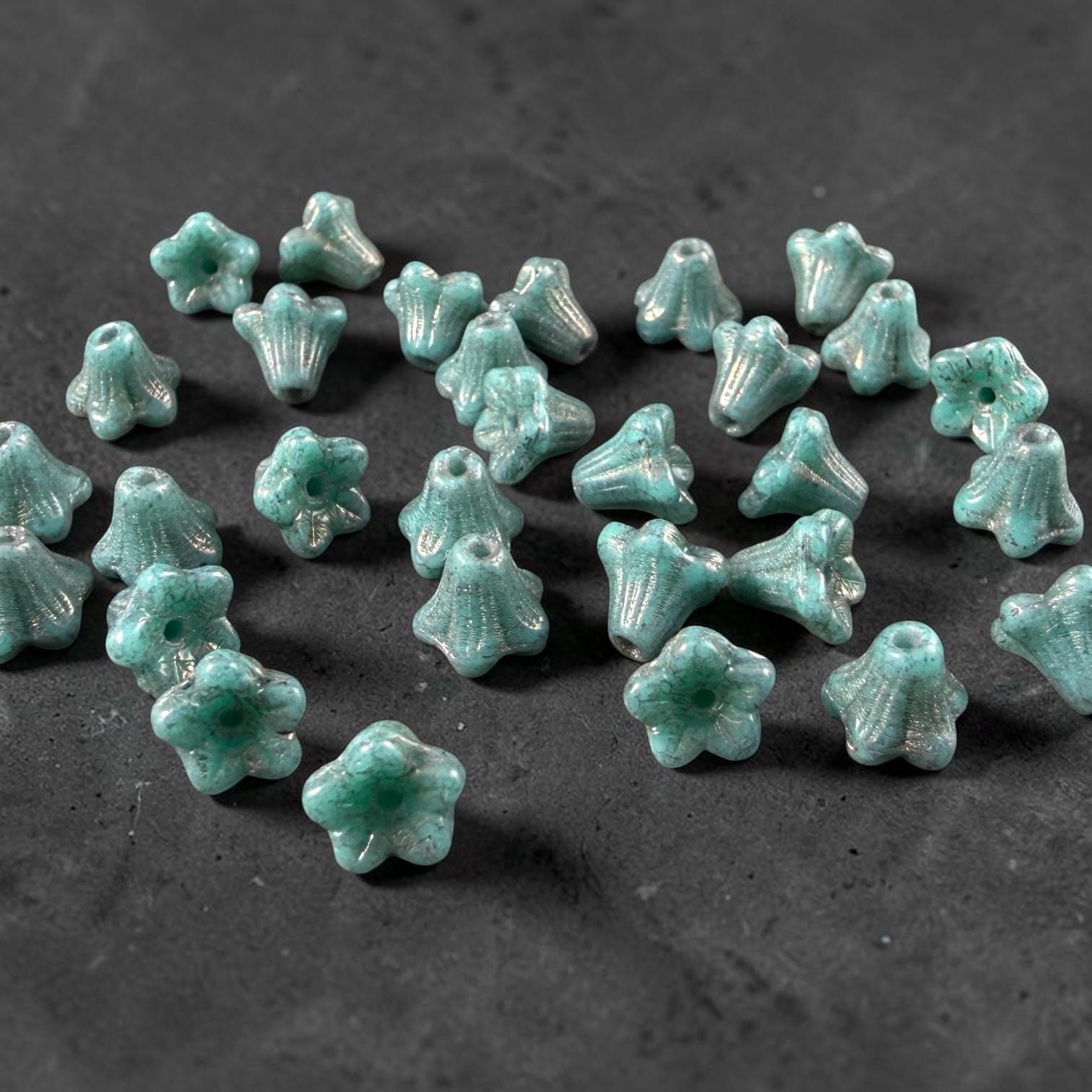 Czech Beads - 5x6mm Small Trumpet Bell Flower, Turquoise with Bronze Finish (FLO/N-2275) * 30 Beads