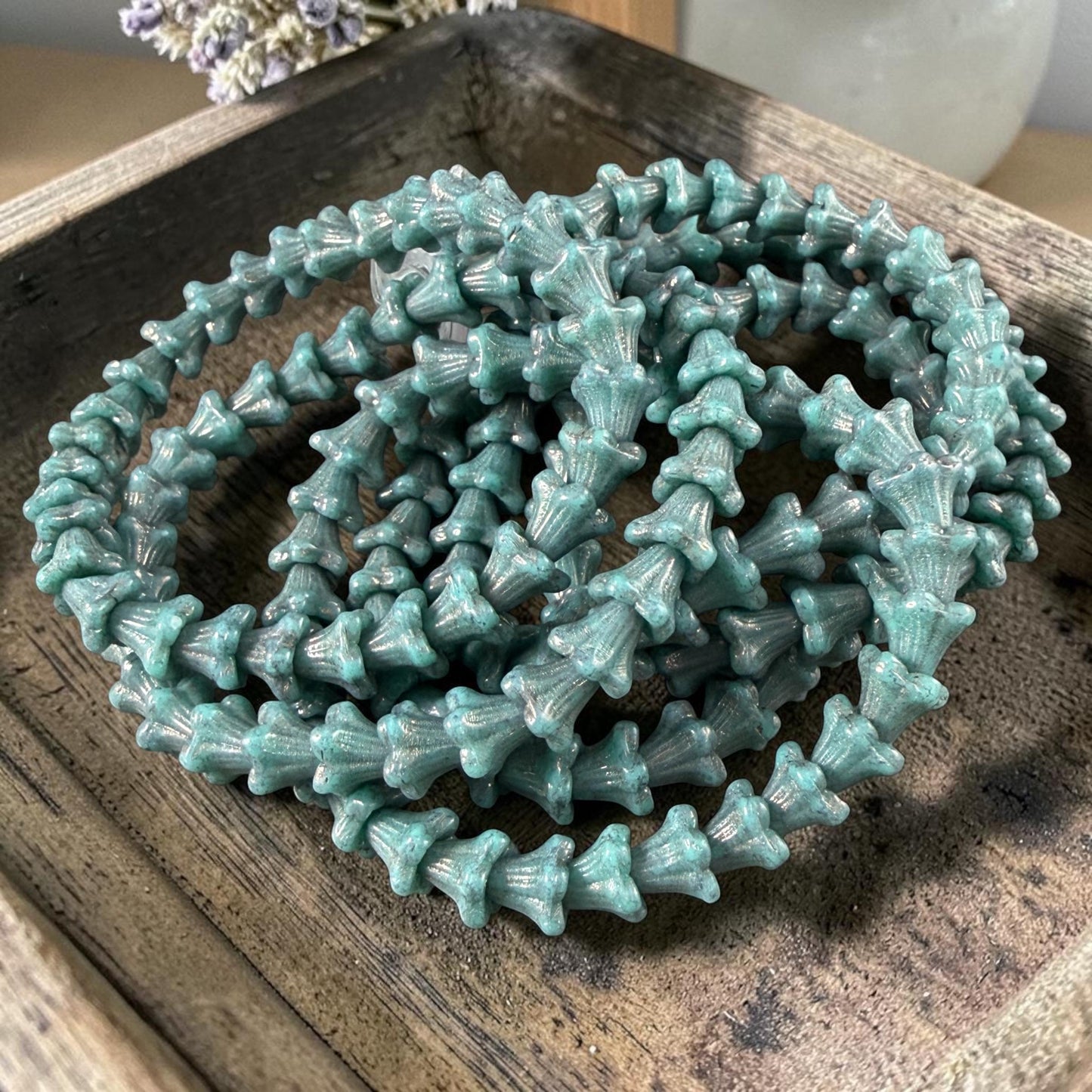 Czech Beads - 5x6mm Small Trumpet Bell Flower, Turquoise with Bronze Finish (FLO/N-2275) * 30 Beads