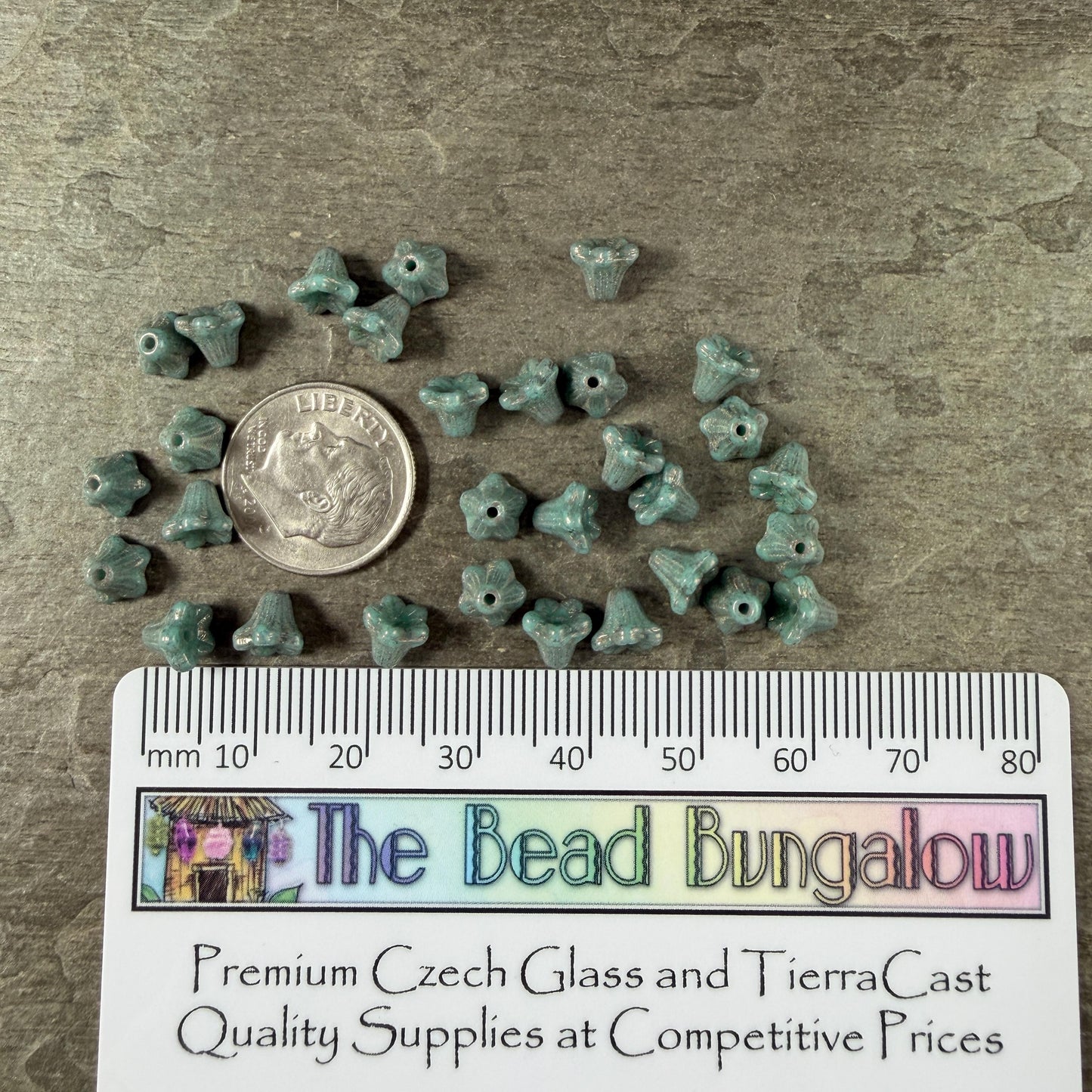 Czech Beads - 5x6mm Small Trumpet Bell Flower, Turquoise with Bronze Finish (FLO/N-2275) * 30 Beads