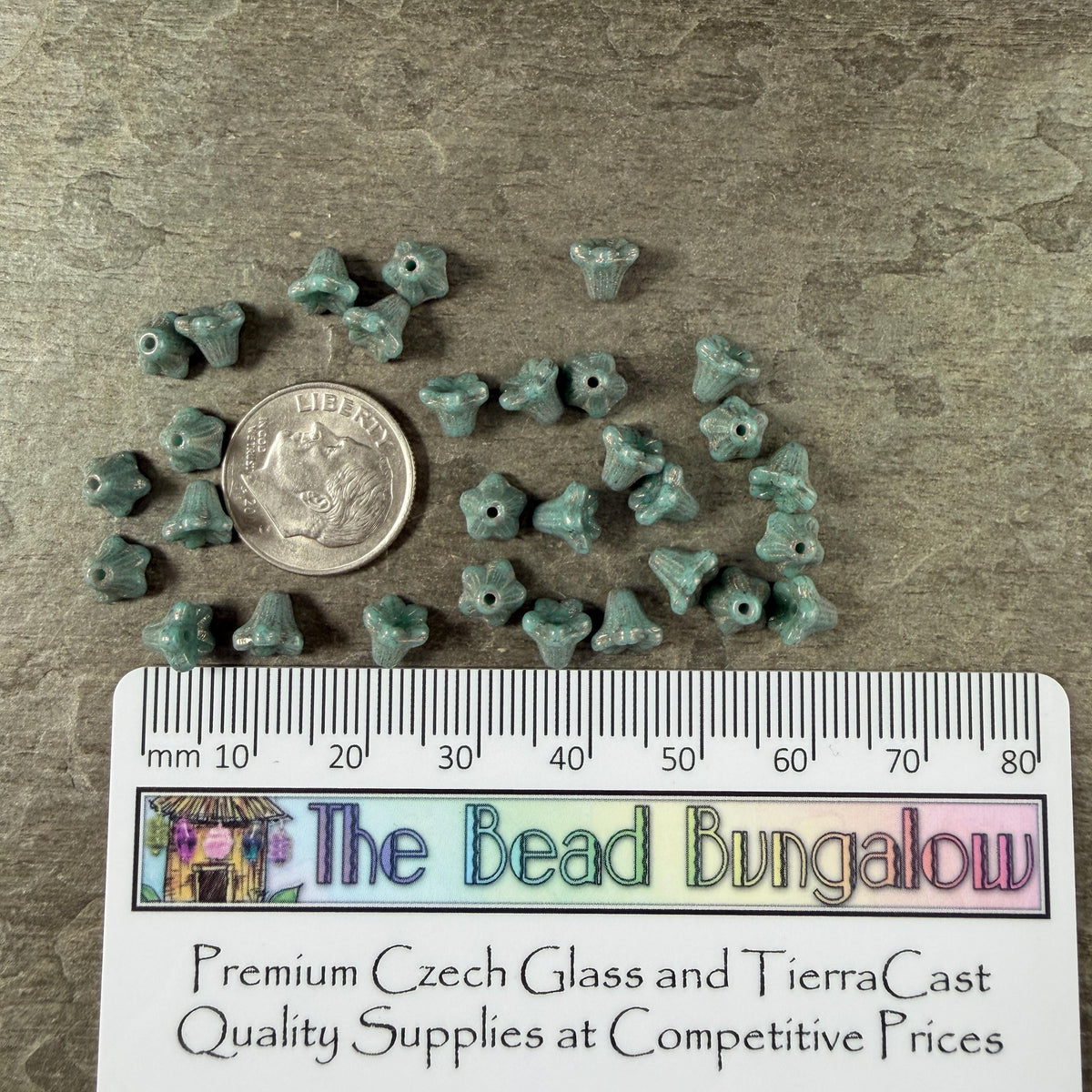 Czech Beads - 5x6mm Small Trumpet Bell Flower, Turquoise with Bronze Finish (FLO/N-2275) * 30 Beads