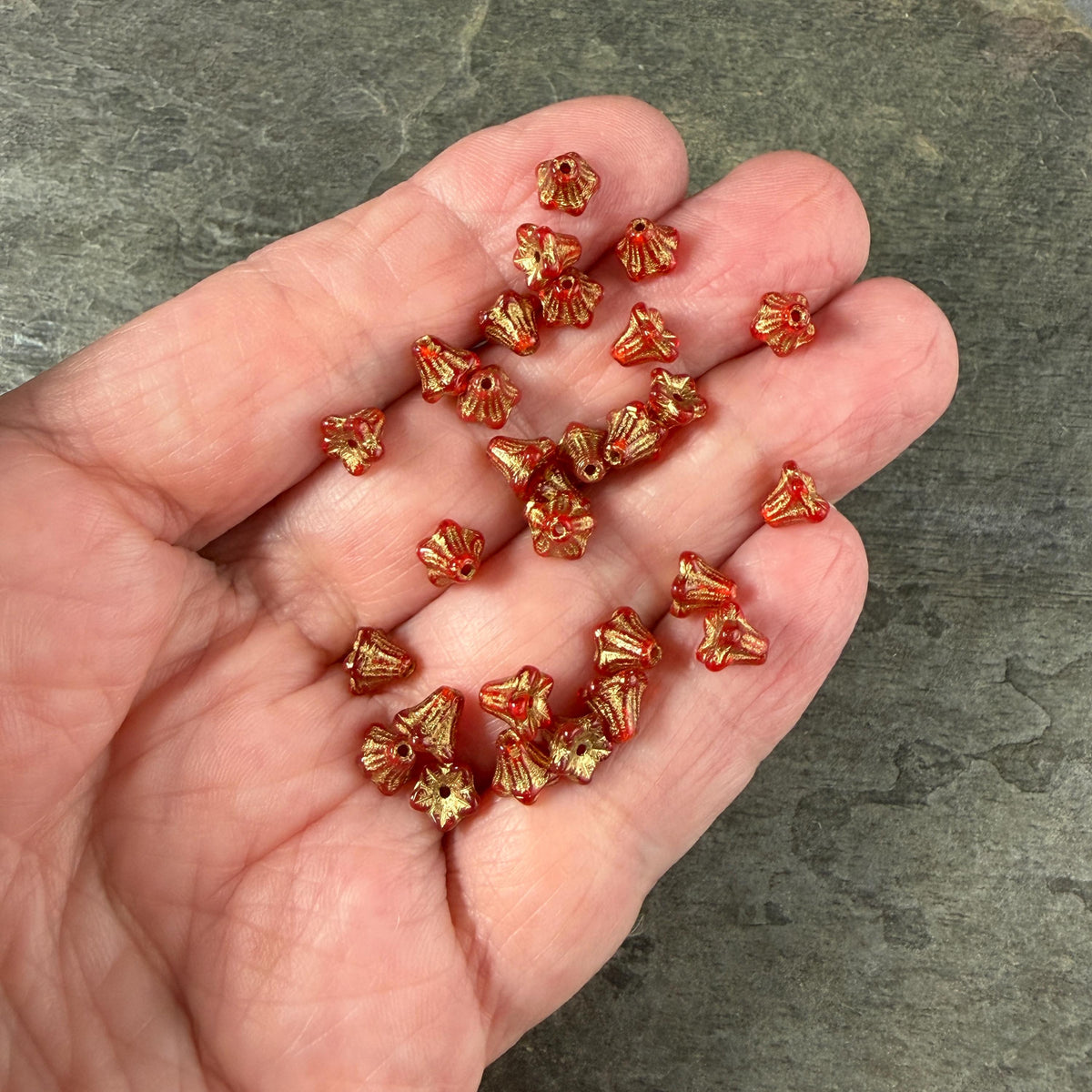 Czech Beads - 5x6mm Small Trumpet Bell Flower, Transparent Ruby Red (FLO/N-0600) * 30 Beads