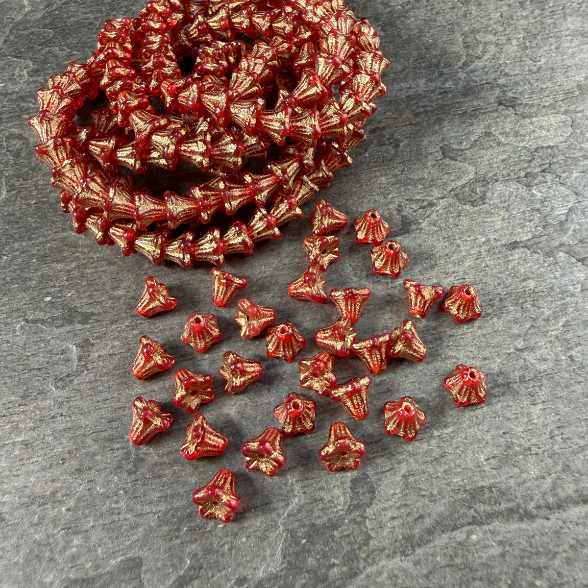 Czech Beads - 5x6mm Small Trumpet Bell Flower, Transparent Ruby Red (FLO/N-0600) * 30 Beads