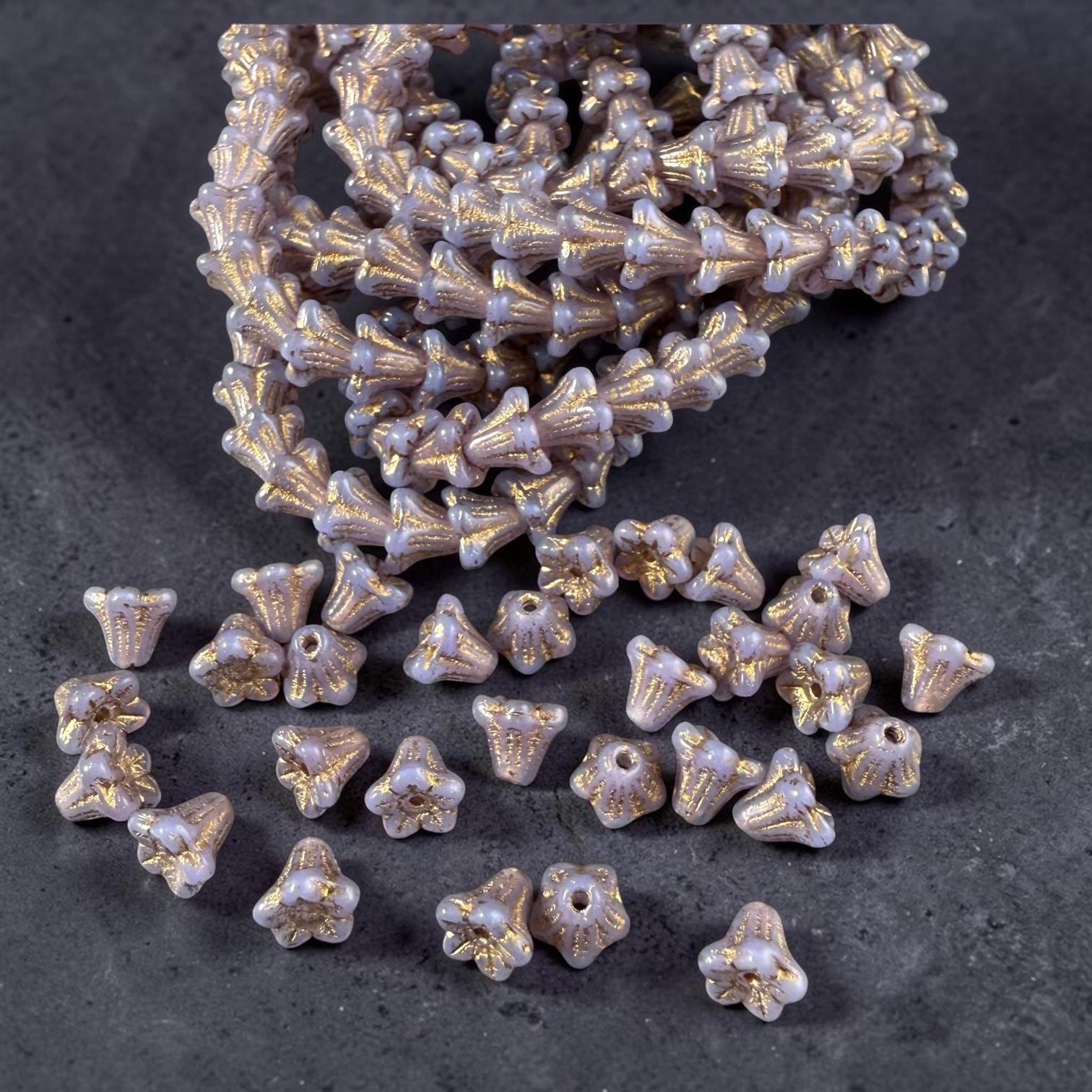Czech Beads - 5x6mm Small Trumpet Bell Flower, Thistle with Gold Wash (FLO/N-2271) * 30 Beads