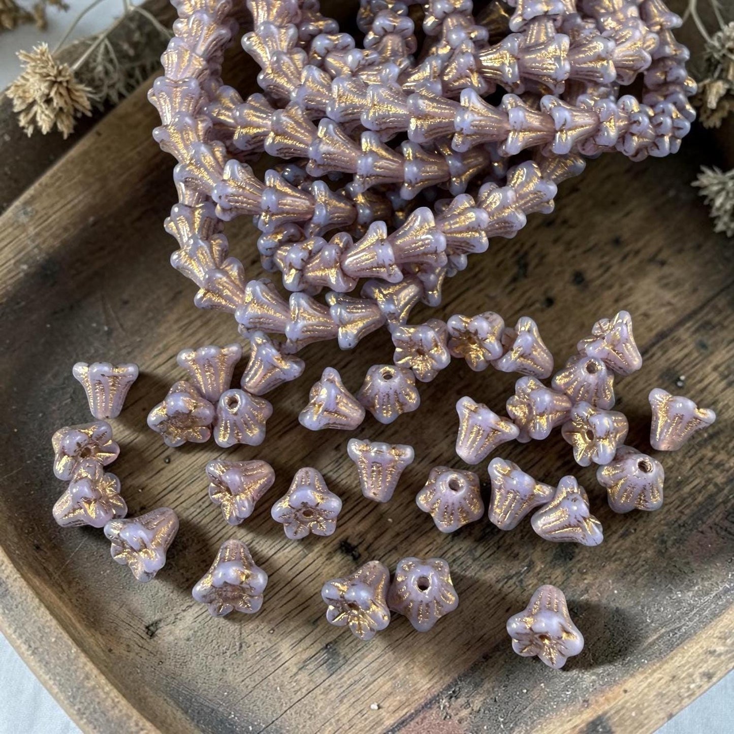Czech Beads - 5x6mm Small Trumpet Bell Flower, Thistle with Gold Wash (FLO/N-2271) * 30 Beads