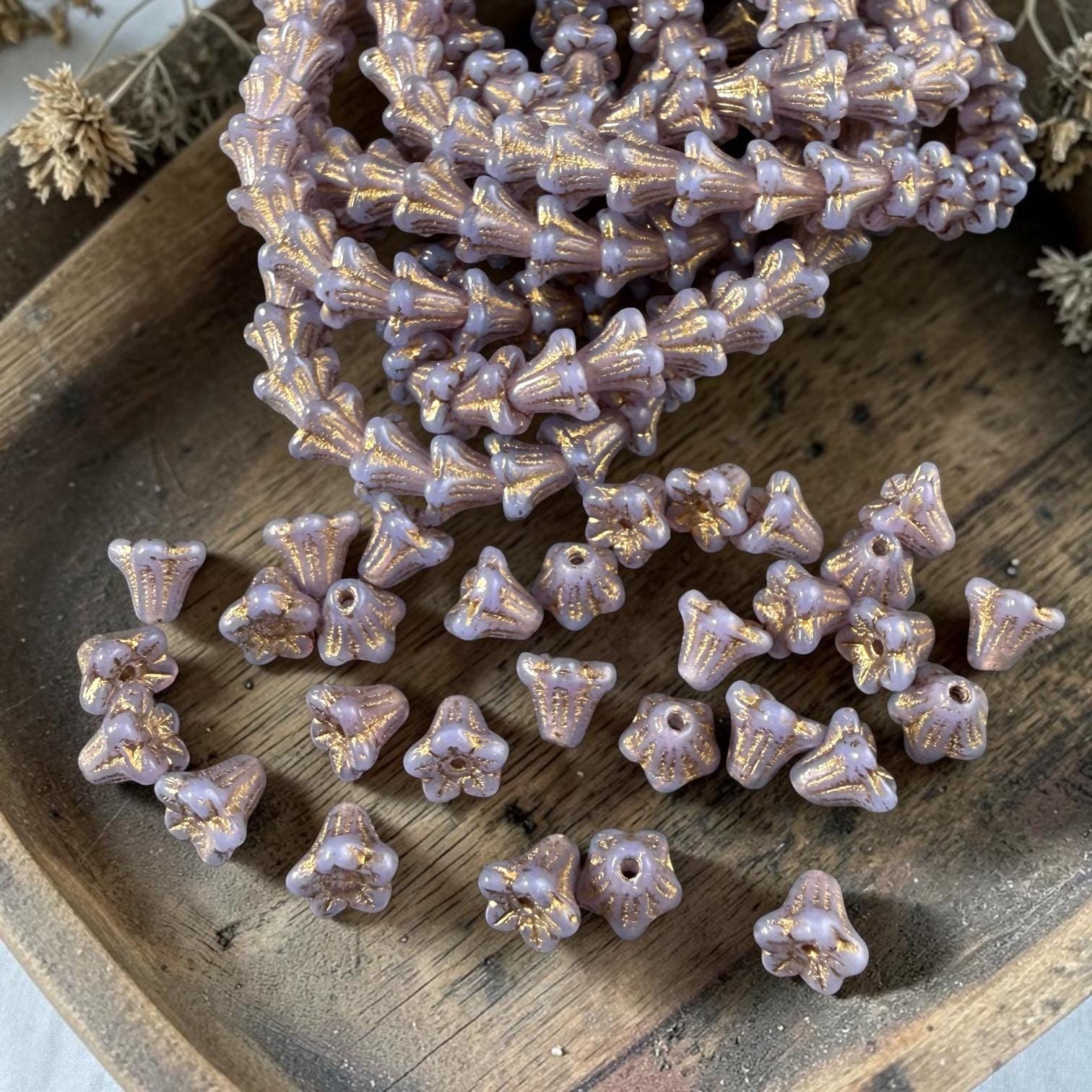 Czech Beads - 5x6mm Small Trumpet Bell Flower, Thistle with Gold Wash (FLO/N-2271) * 30 Beads