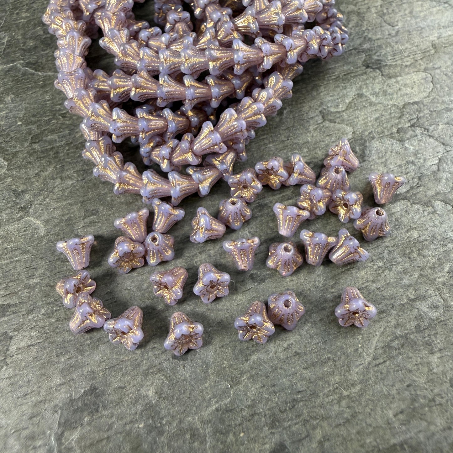 Czech Beads - 5x6mm Small Trumpet Bell Flower, Thistle with Gold Wash (FLO/N-2271) * 30 Beads