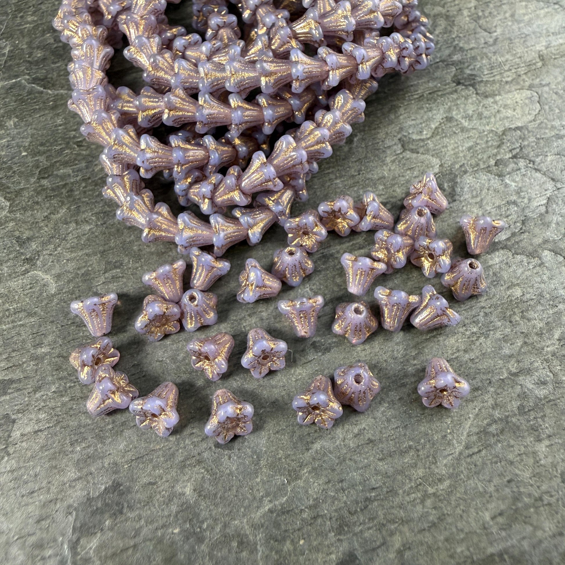 Czech Beads - 5x6mm Small Trumpet Bell Flower, Thistle with Gold Wash (FLO/N-2271) * 30 Beads