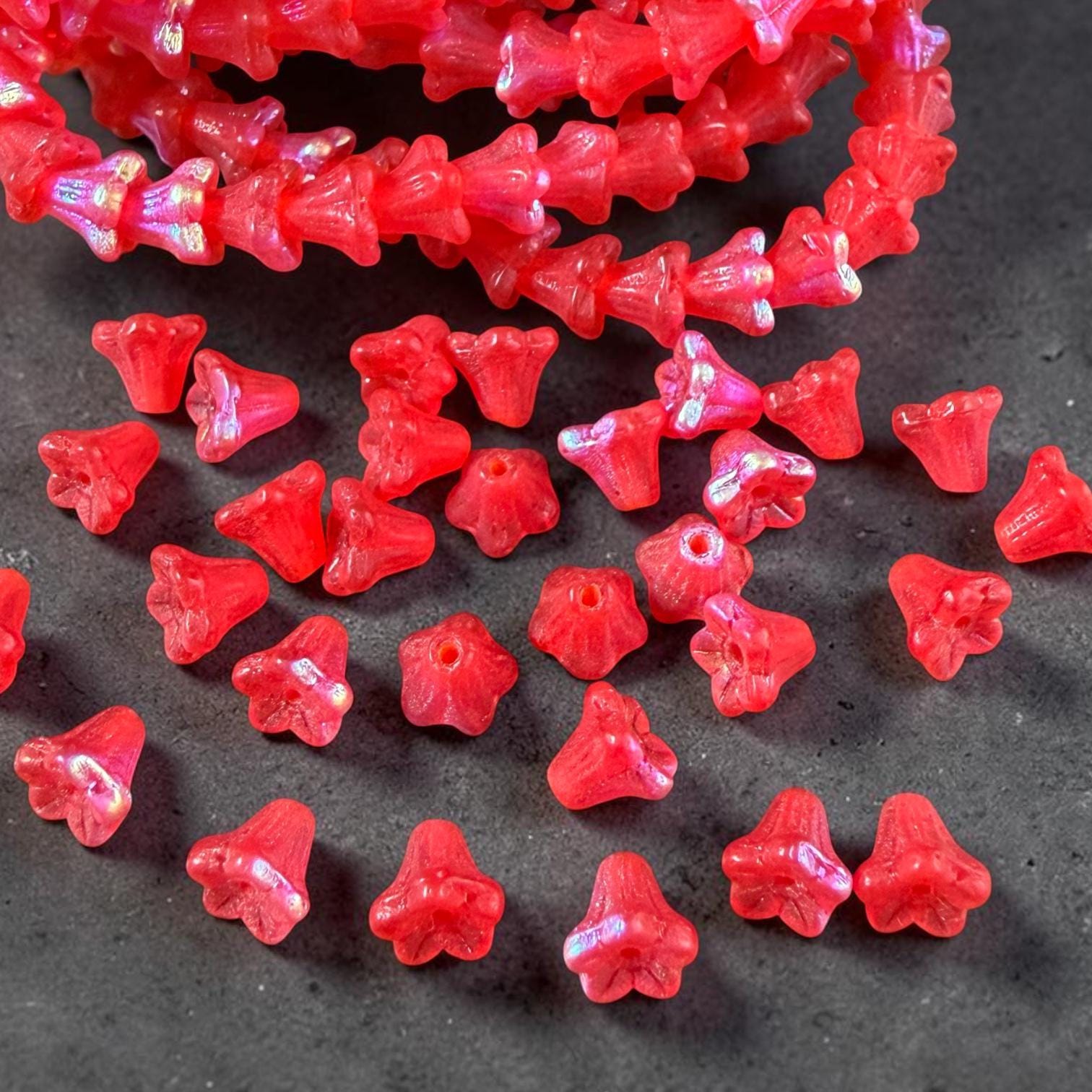 Czech Beads - 5x6mm Small Trumpet Bell Flower, Matte Scarlet Red with AB Finish (FLO/N-0600) * 30 Beads