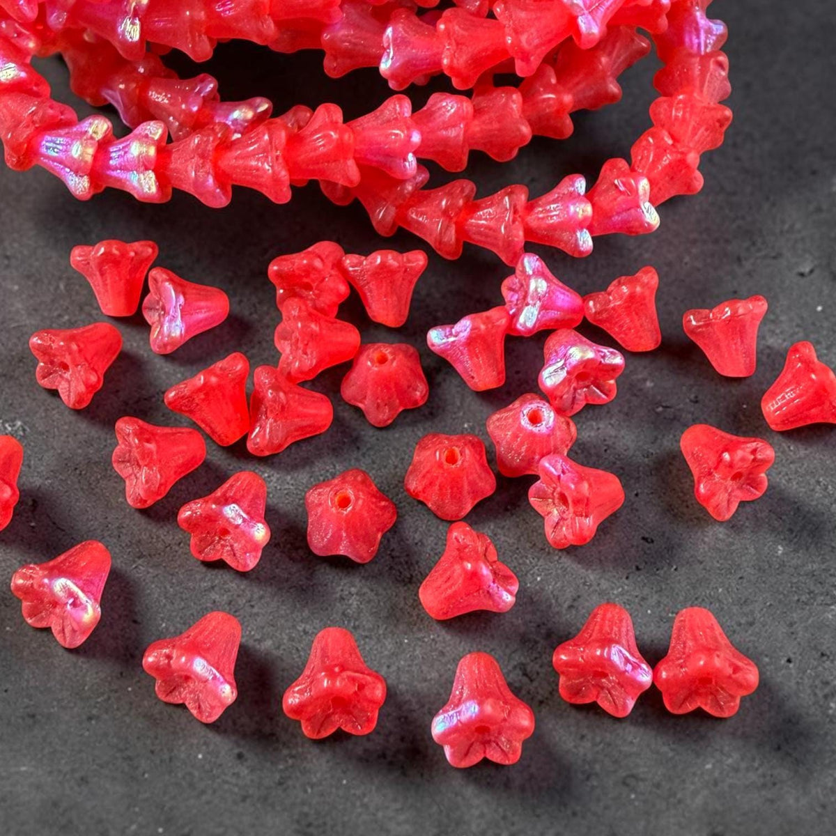Czech Beads - 5x6mm Small Trumpet Bell Flower, Matte Scarlet Red with AB Finish (FLO/N-0600) * 30 Beads