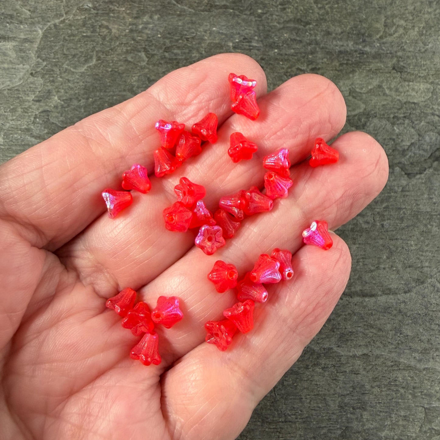 Czech Beads - 5x6mm Small Trumpet Bell Flower, Matte Scarlet Red with AB Finish (FLO/N-0600) * 30 Beads