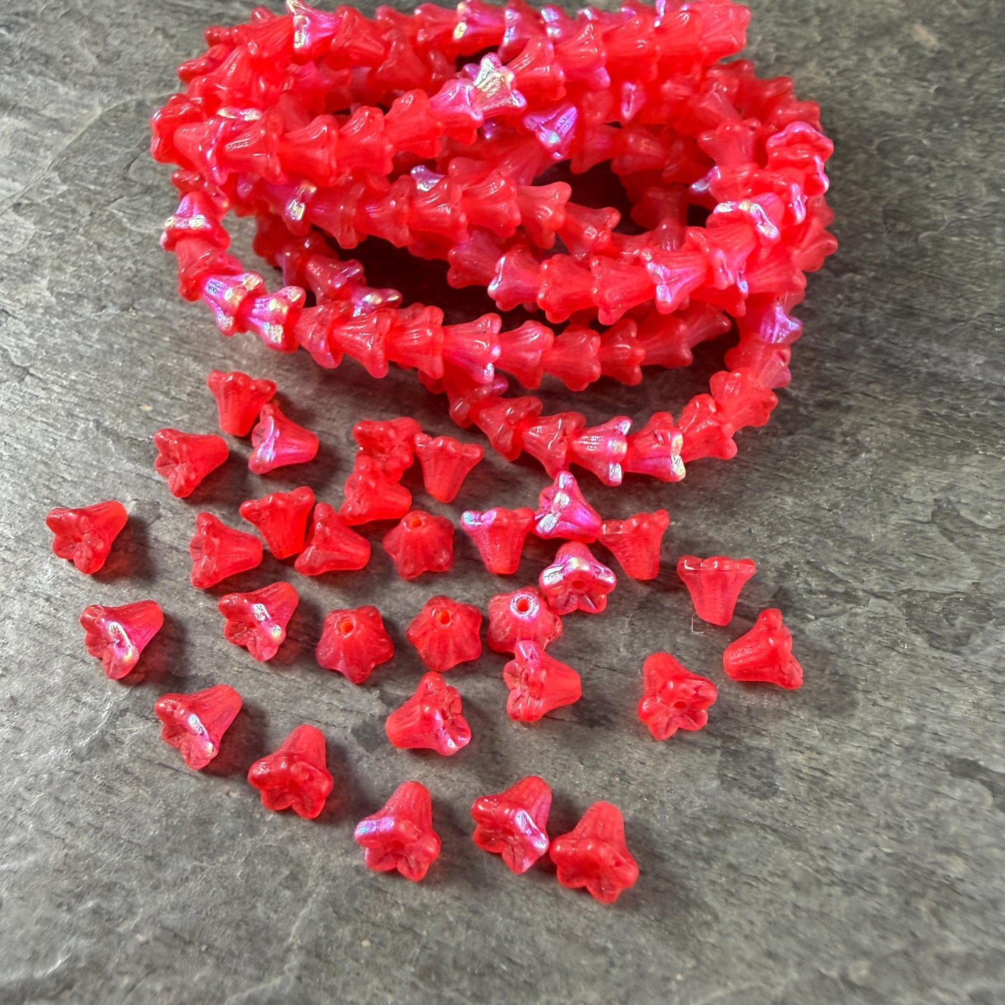 Czech Beads - 5x6mm Small Trumpet Bell Flower, Matte Scarlet Red with AB Finish (FLO/N-0600) * 30 Beads